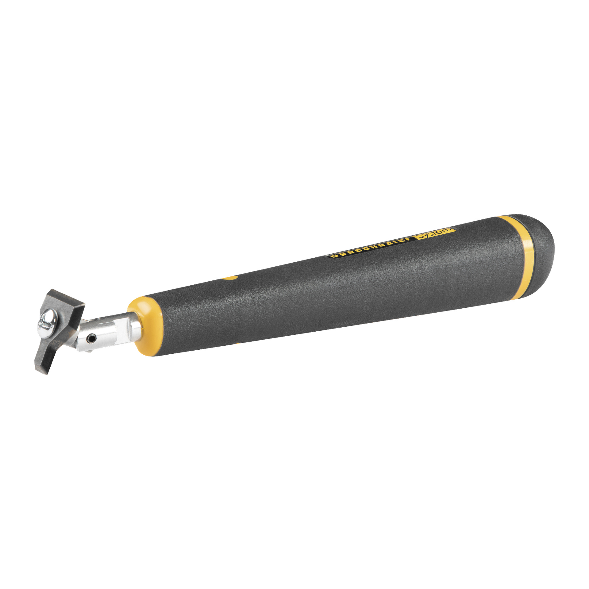 Speedheater Paint Scraper on musta-keltainen työkalu, jossa on teksturoitu kahva ja metalliterä, ja se on suunniteltu kaapimiseen tai leikkaamiseen.