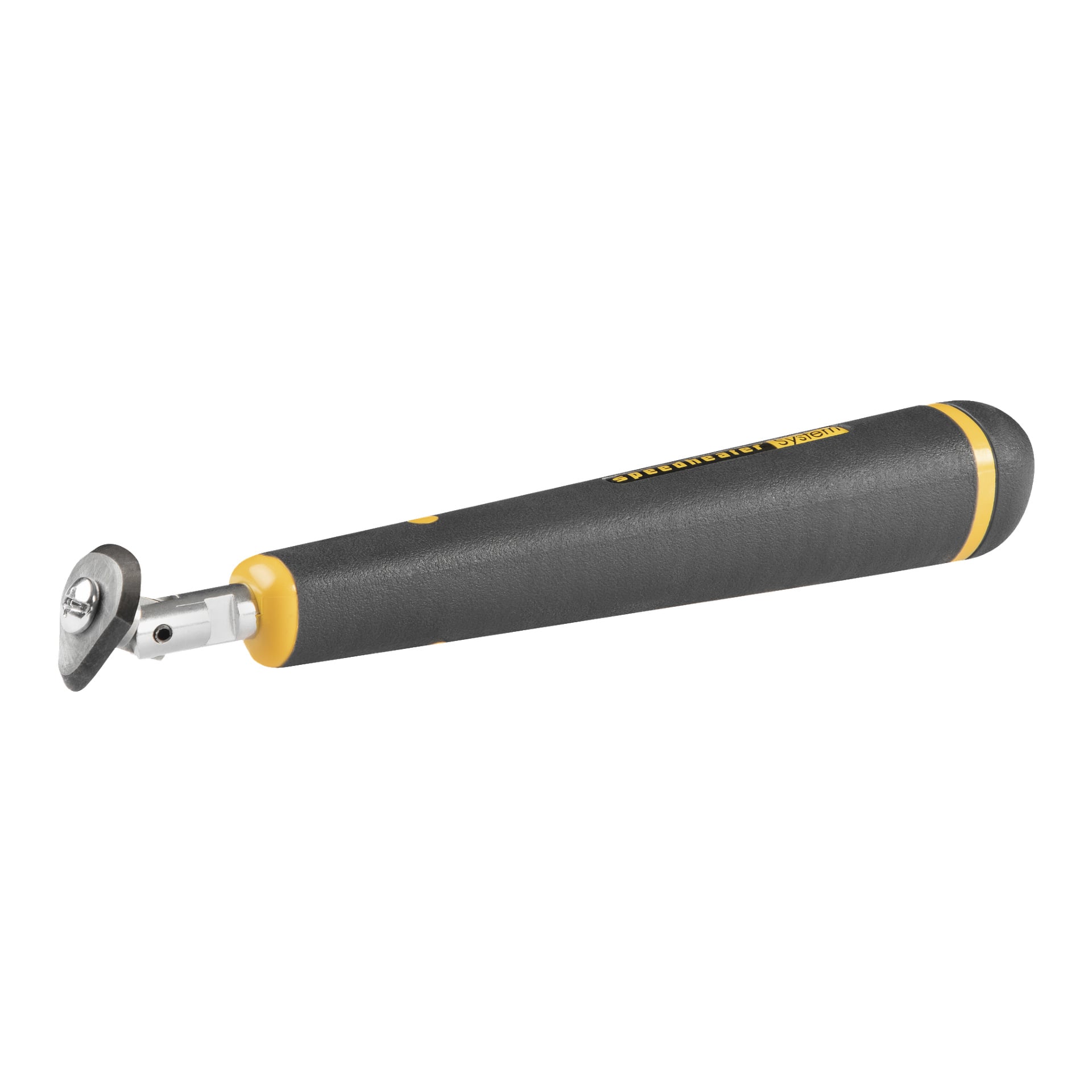 Speedheater Paint Scraper on käsikäyttöinen työkalu, jossa on pyöreä metalliterä, musta-keltainen kahva sekä metallinen liitin, joka kiinnittää terän kahvaan.