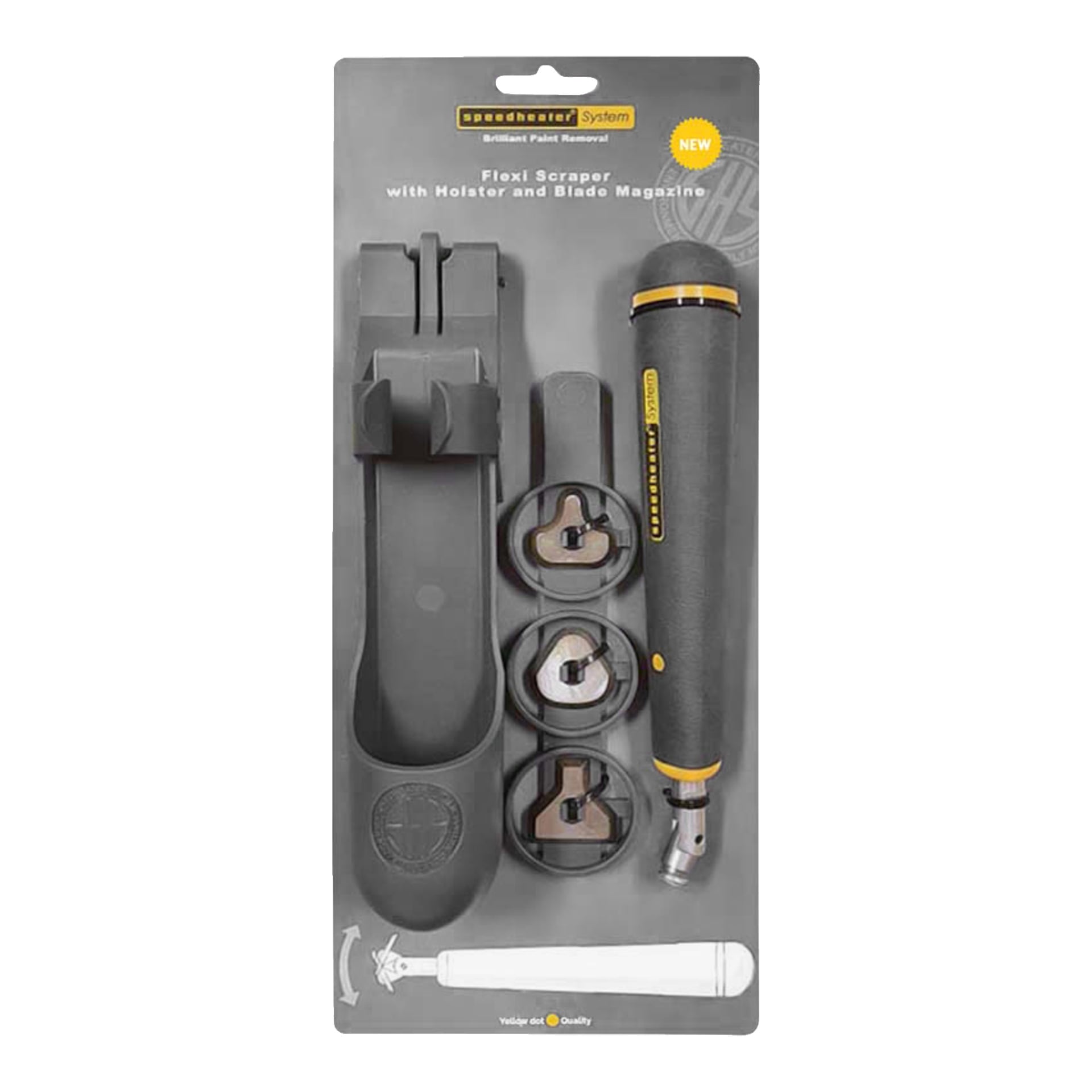 Speedheater Paint Scraper -setti sisältää kahvan, kolme pyöreää teräpatruunaa ja mustan kotelon. Tuotteet on järjestäytynyt läpinäkyvään brändättyyn pakkaukseen, ja pakkauksen yläosassa on tuotetiedot.