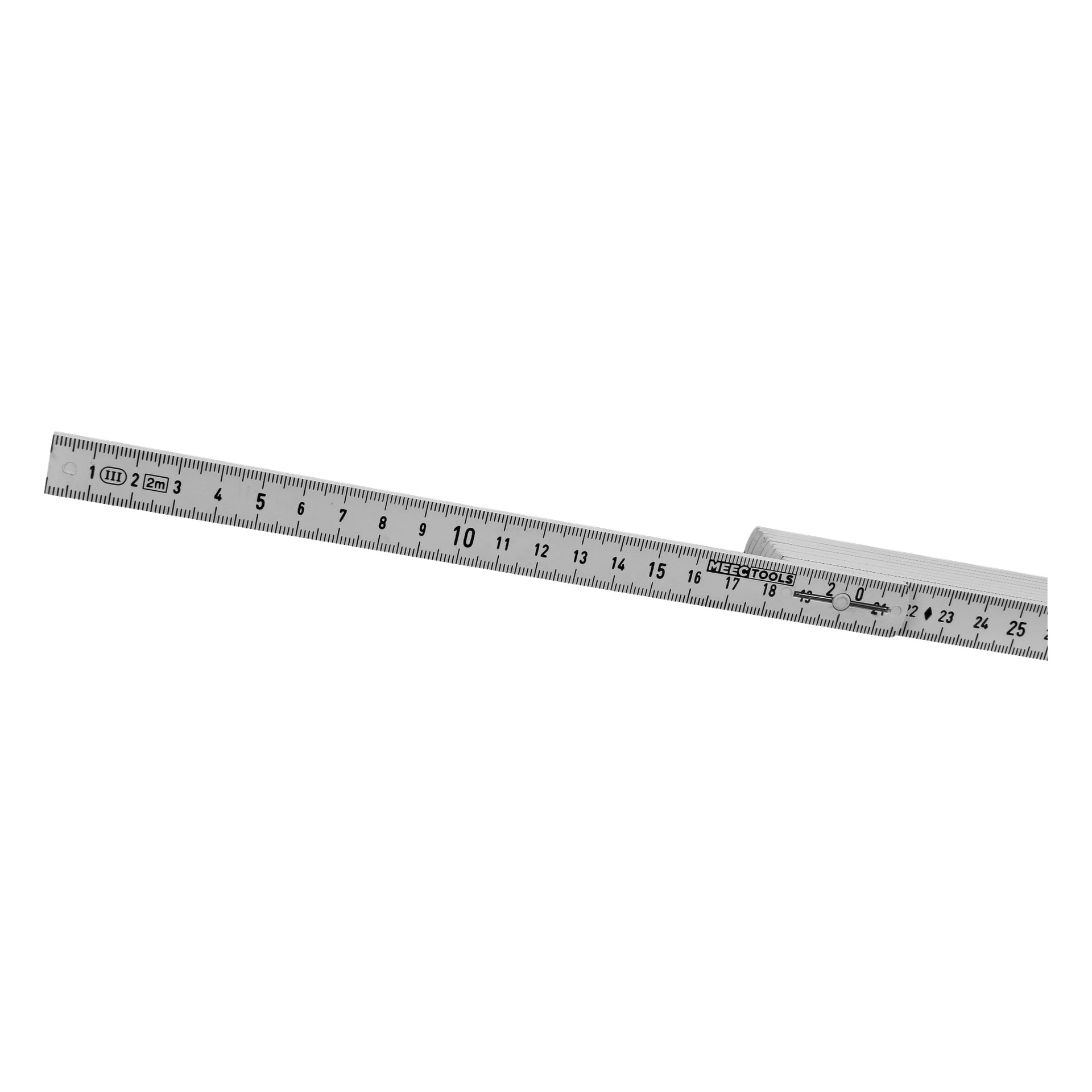 En delvis utfälld Meec Tools-fälllinjal av silvermetall, med svarta centimeter- och millimetermarkeringar och som visar siffrorna 7 till 21 på nära håll.