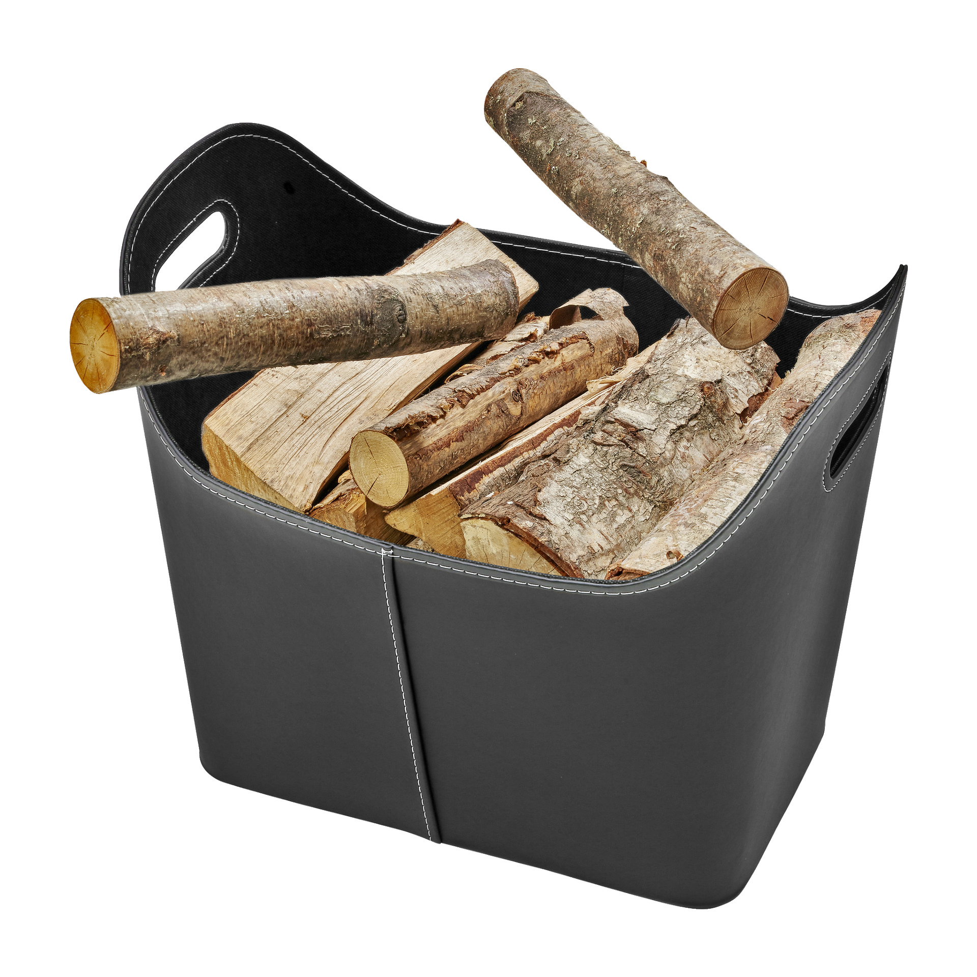Anslut Log Basket – En svart, rektangulär vedkorg med stadiga handtag är fylld med huggen ved och vedträ. Två stockar ligger ovanpå högen, medan en stock ligger över kanten.