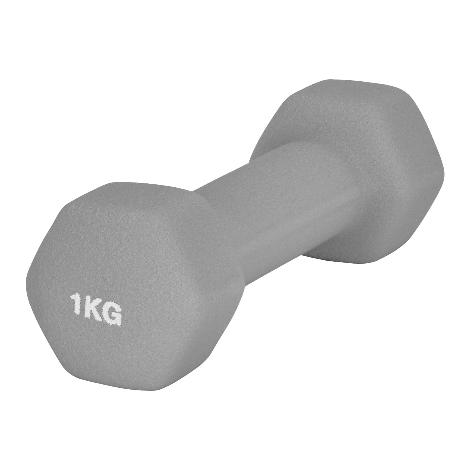 En grå, sekskantet manual fra Set of Dumbbells 7 pieces fra Kayoba med 1KG i hvitt i den ene enden.