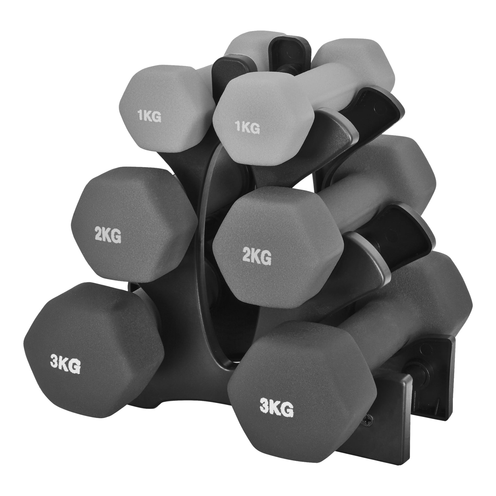Settet med manualer 7 fra Kayoba har et svart stativ som holder tre par sekskantede manualer—1 kg, 2 kg og 3 kg—stablet etter vekt fra topp til bunn.