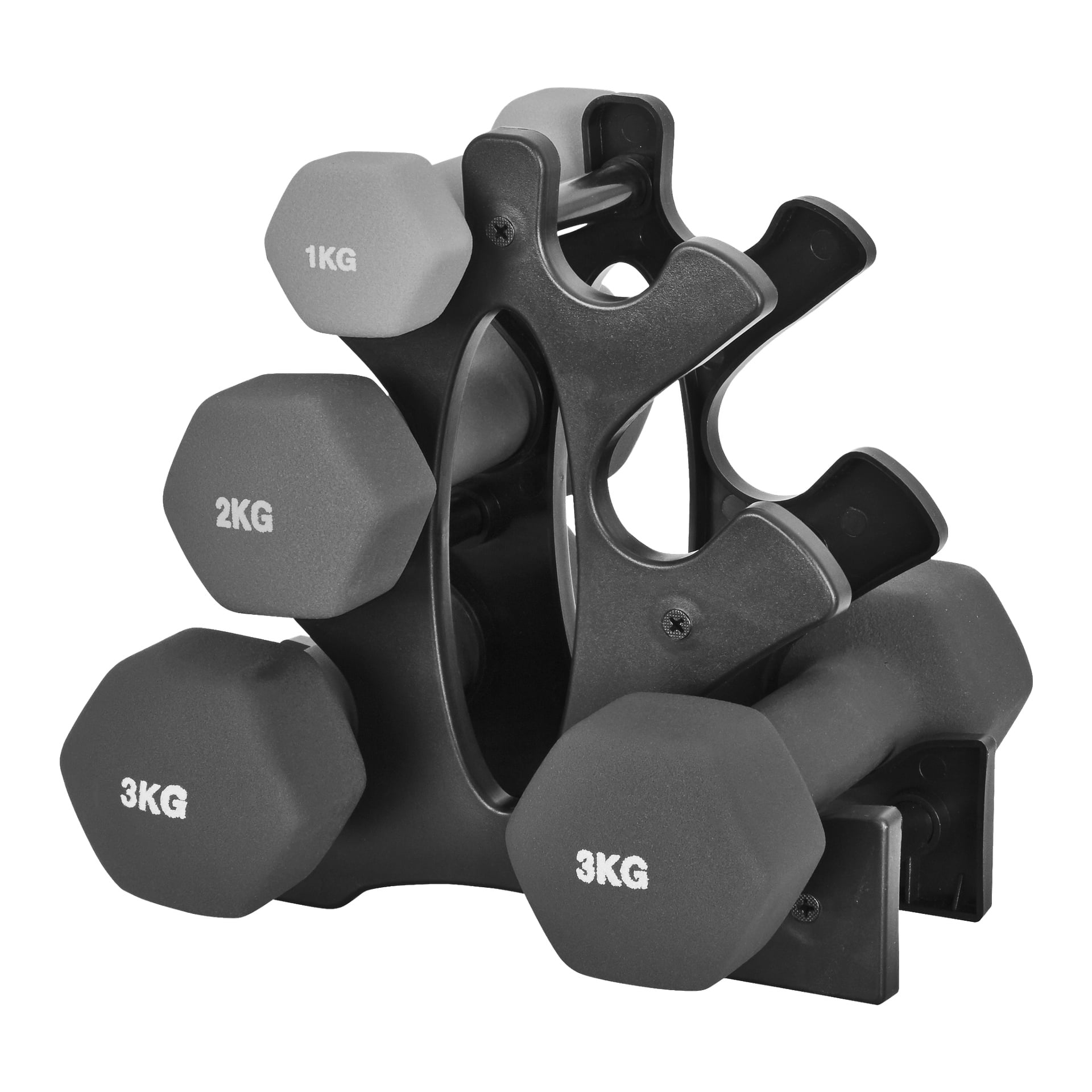 Settet med manualer i 7 stykker fra Kayoba inkluderer sekskantede manualer på 1 kg, 2 kg og 3 kg med matt finish, organisert på et svart plaststativ etter størrelse.