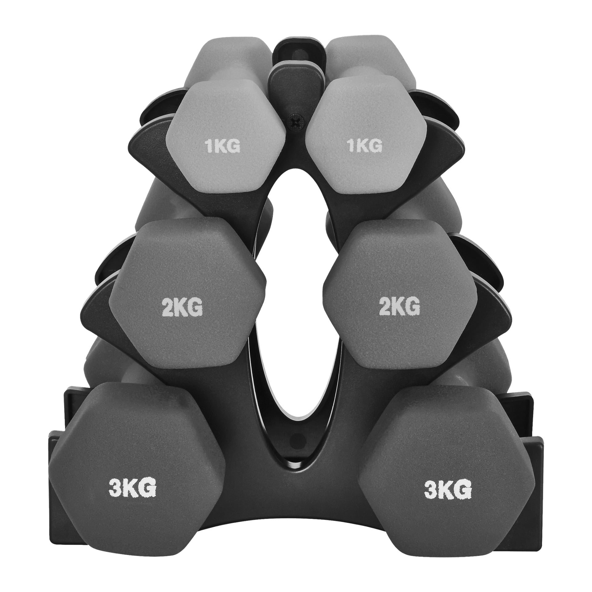 Kayoba Set 7-delt består av tre par sekskantede manualer (1KG, 2KG, 3KG) på et stativ arrangert fra minste til største.