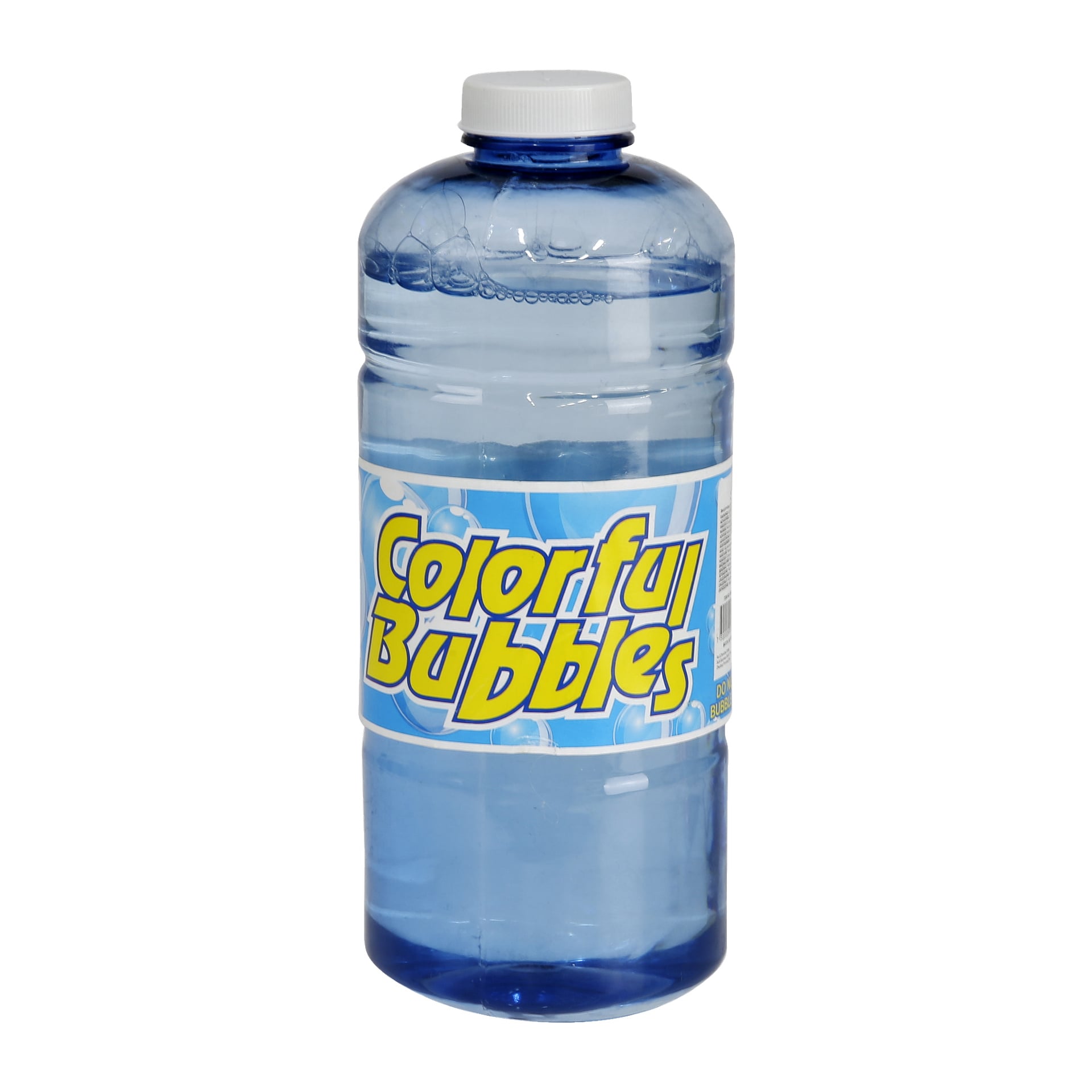 En stor blå plastflaske med hvit kork og en etikett hvor det står "Robetoys Soap Bubble Liquid Refill" med gul og hvit skrift mot blå bakgrunn.