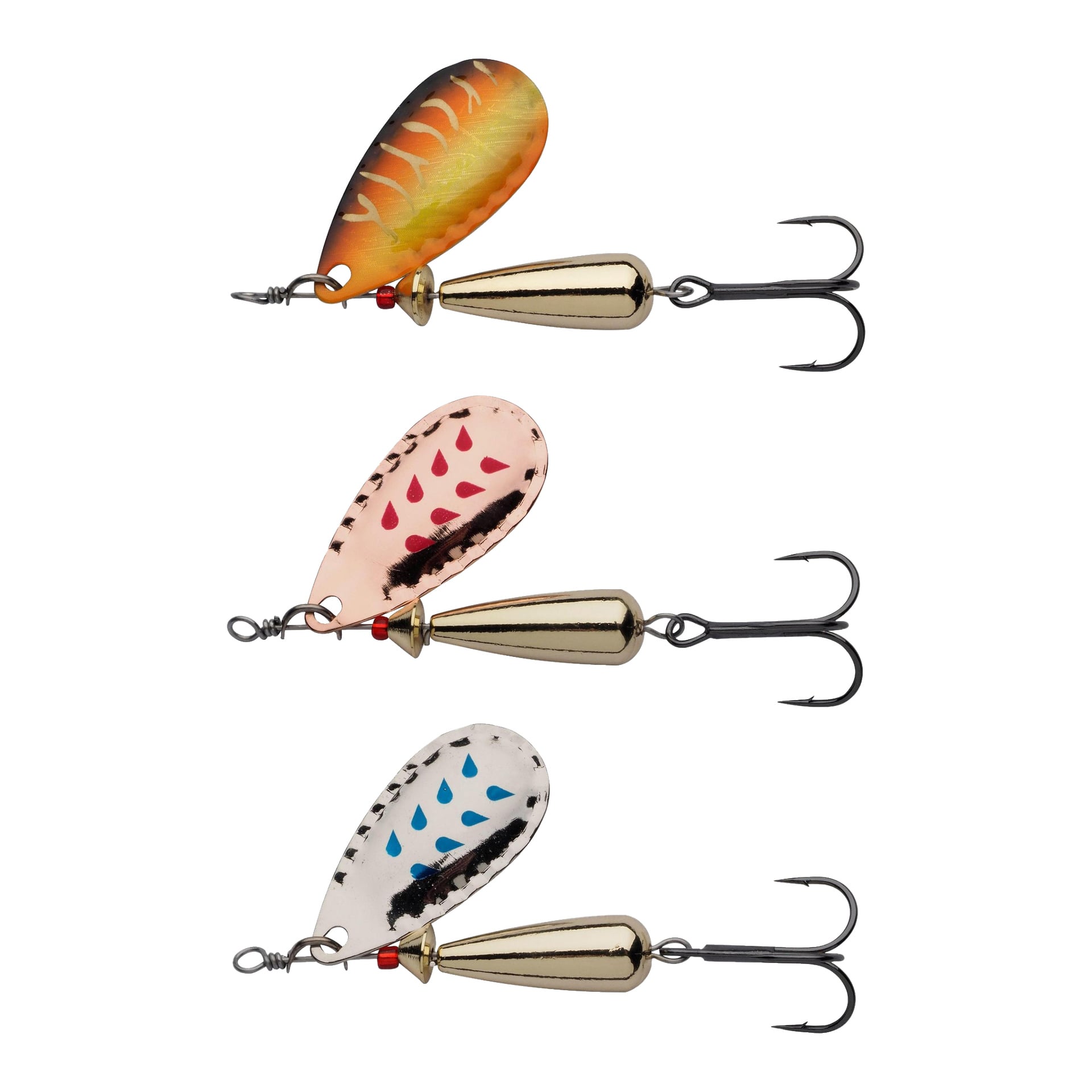 Abu Garcia Spinner-setet Droppen består av tre fiskebeten, alla designade med metallkroppar, guldfärgade vikter och trekrokar. Det första betet är orange med svarta ränder, det andra är rosa med röda detaljer och det tredje är vitt med blå detaljer.