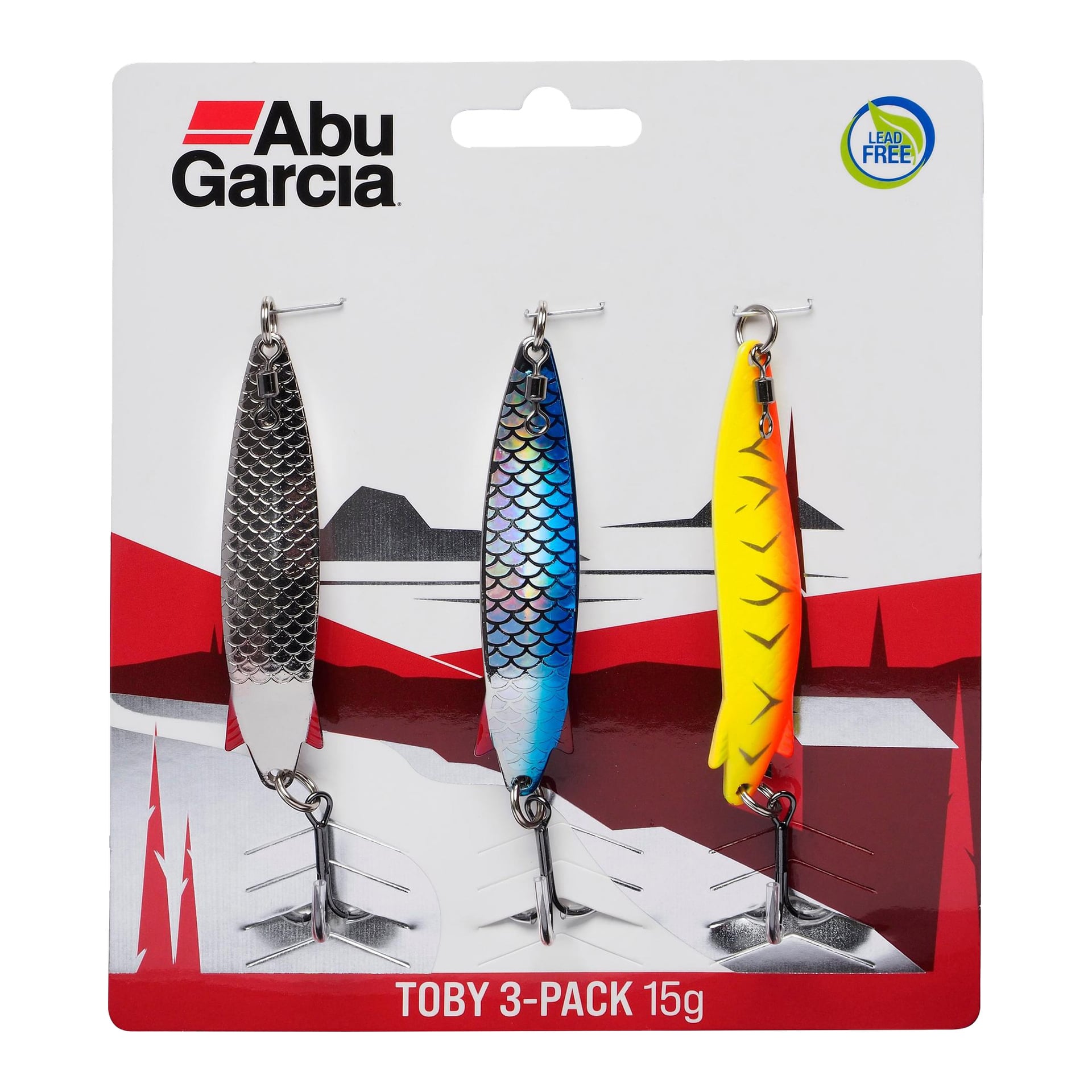 Ett set med tre Abu Garcia Toby Spoon-beten visas i ett genomskinligt plastpaket, var och en med distinkta färger: en silver, en blå-silver och en gul-röd. Alla beten har en skalmönster. Paketet anger att beten är blyfria och anger deras vikt till 15 g vardera.