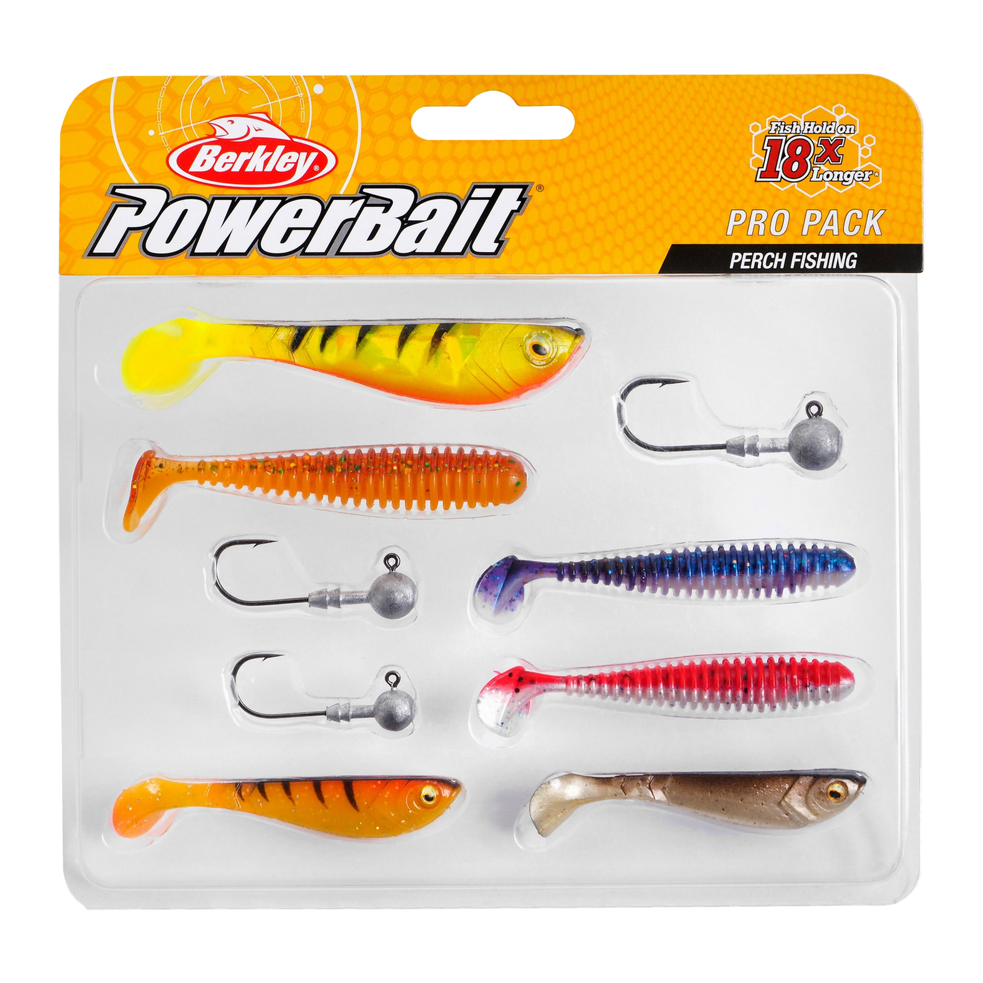 Ett genomskinligt plastpaket innehållande ett Berkley Jig Set Powerbait med nio fiskedrag: fyra jigghuvuden utrustade med krokar och fem färgglada mjuka plastbeten i orange, gult, blått, rött och brunt.