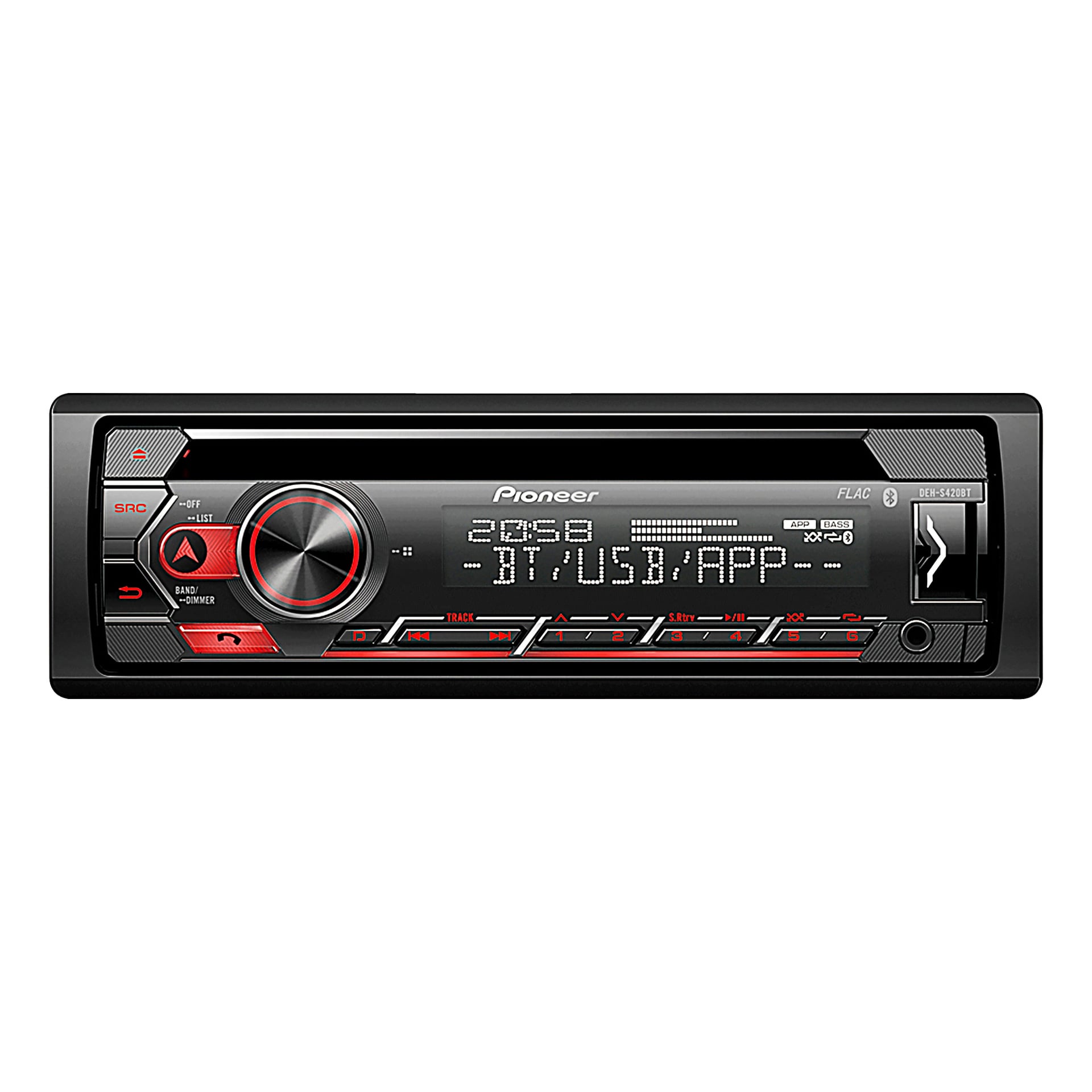 Pioneer DEH-S420BT bilstereohuvudenhet med en central volymknapp, flera kontrollknappar, en displayskärm med texten "2DSB - DT/USB/APP-", samt starka röda och svarta accentfärger.