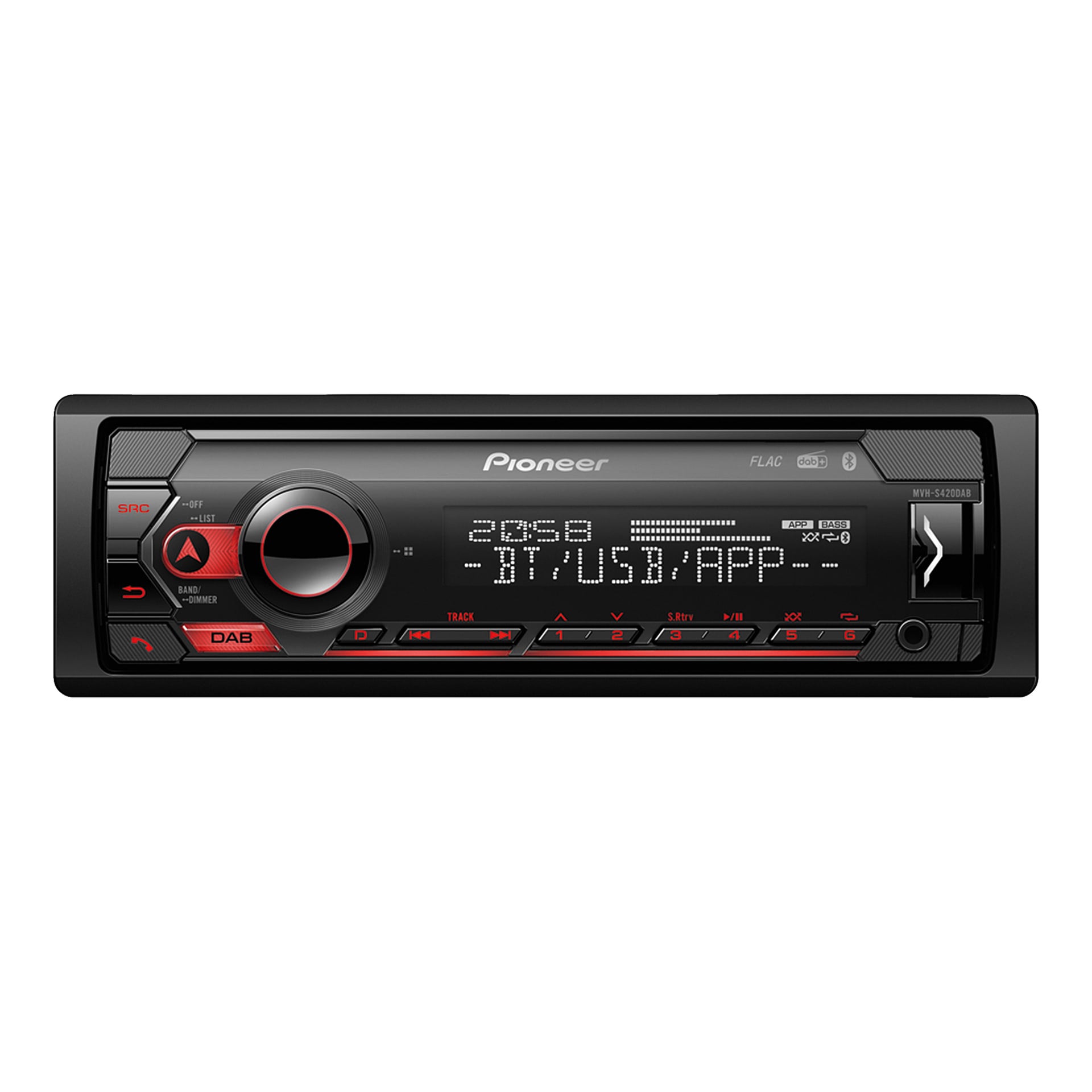 Pioneer MVH-S420DAB bilstereo med en digital display som visar DAB-BT/USB/APP, utrustad med olika kontrollknappar och en central volymratt markerad i rött. Enheten visar etiketter inklusive FLAC-, Bluetooth- och DAB-radioalternativ.