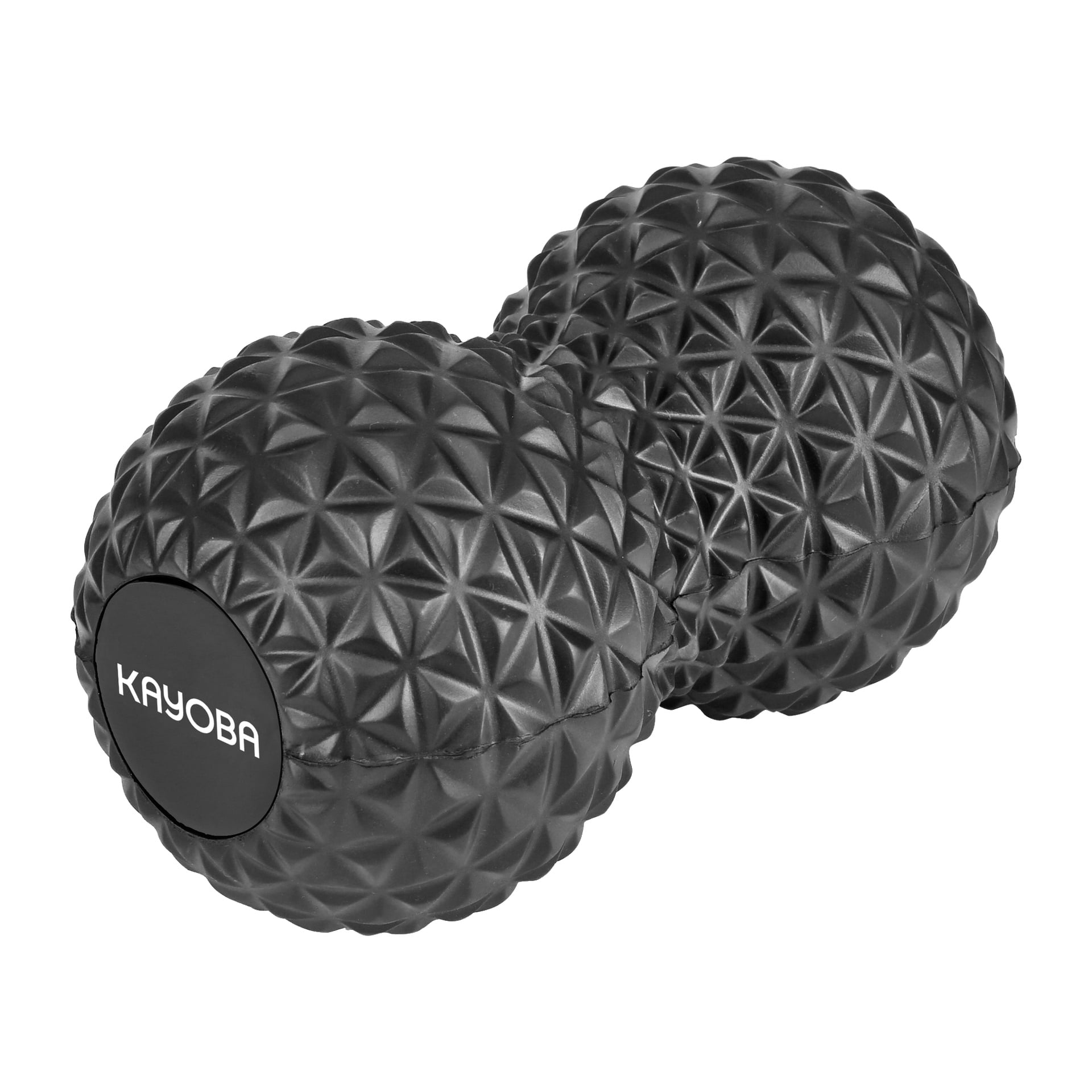 Kayoba Double Massage Ball Peanut z dwoma połączonymi kulami, teksturowaną powierzchnią geometryczną oraz nadrukowaną KAYOBA na jednym końcu.