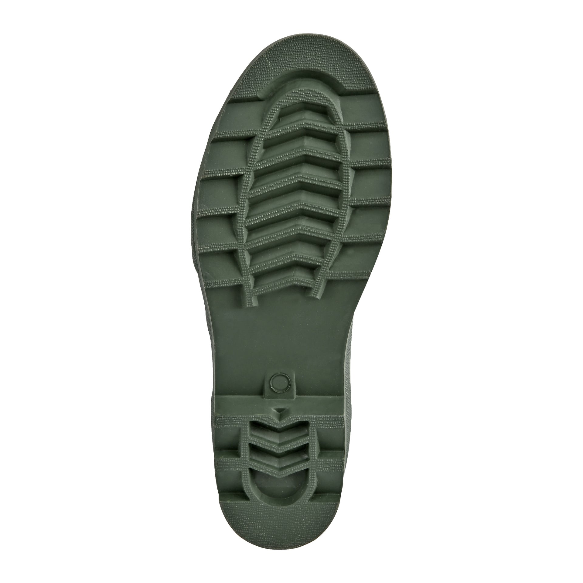 Na spodzie zielonego gumowego buta Kayoba Outdoor Rubber pokazano solidny wzór bieżnika z ukośnymi liniami, rowkami i okrągłym odciskiem przy pięcie dla lepszej przyczepności.
