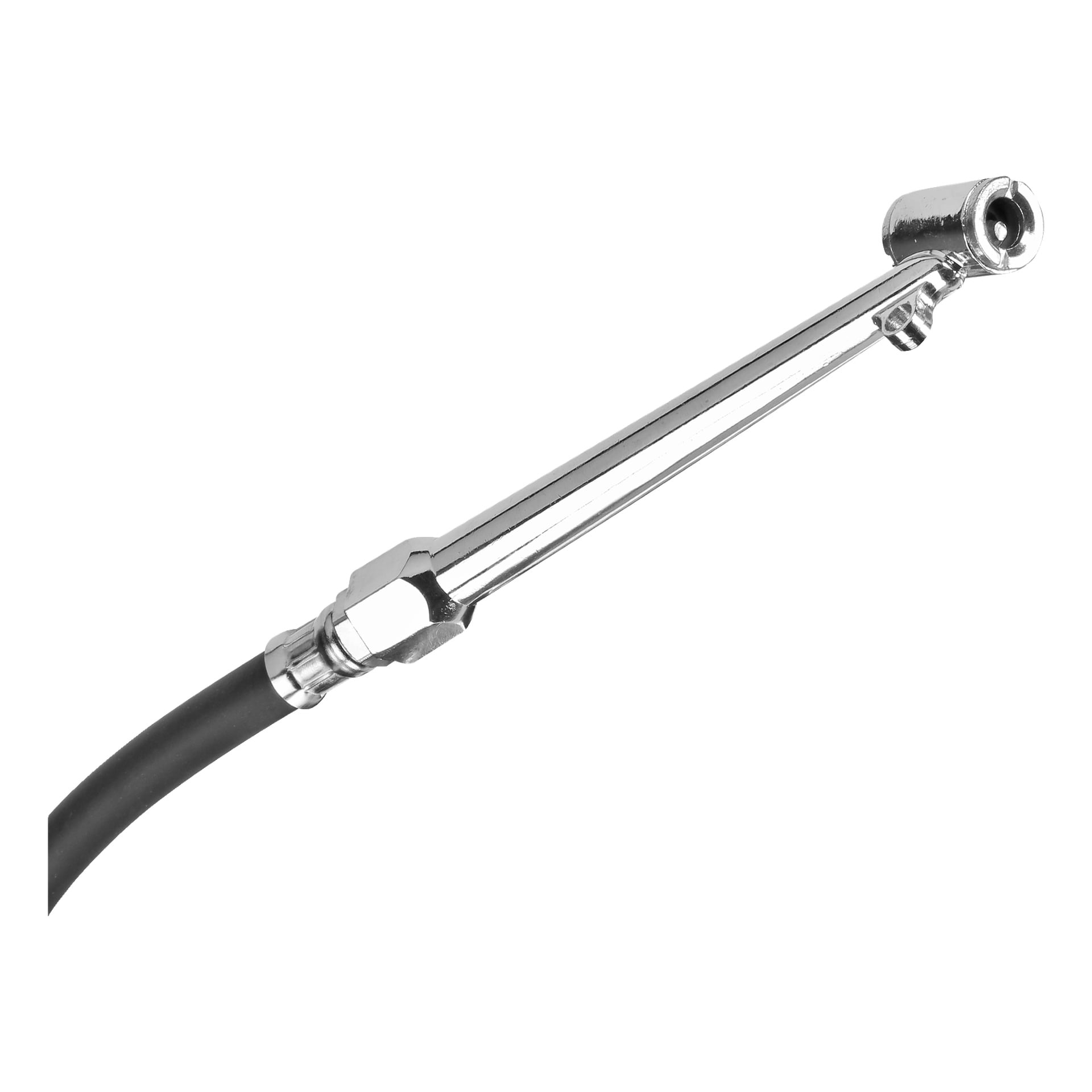 Närbild av en Meec Tools däckinflator luftchuck fäst vid en svart gummislang.
