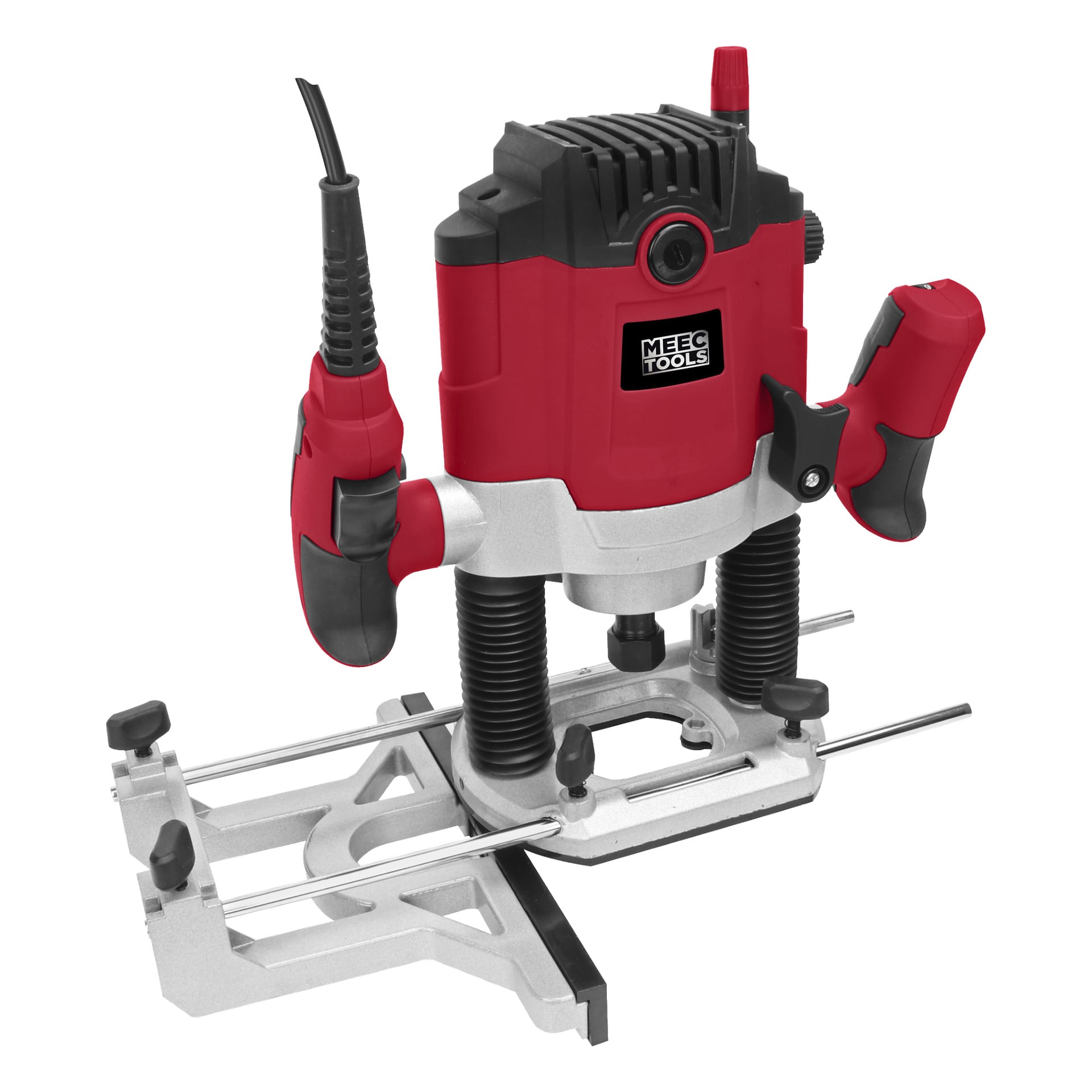 En rød og svart Meec Tools Router med ledning, svarte håndtak og en sølvfarget metallbase for trearbeid er synlig.
