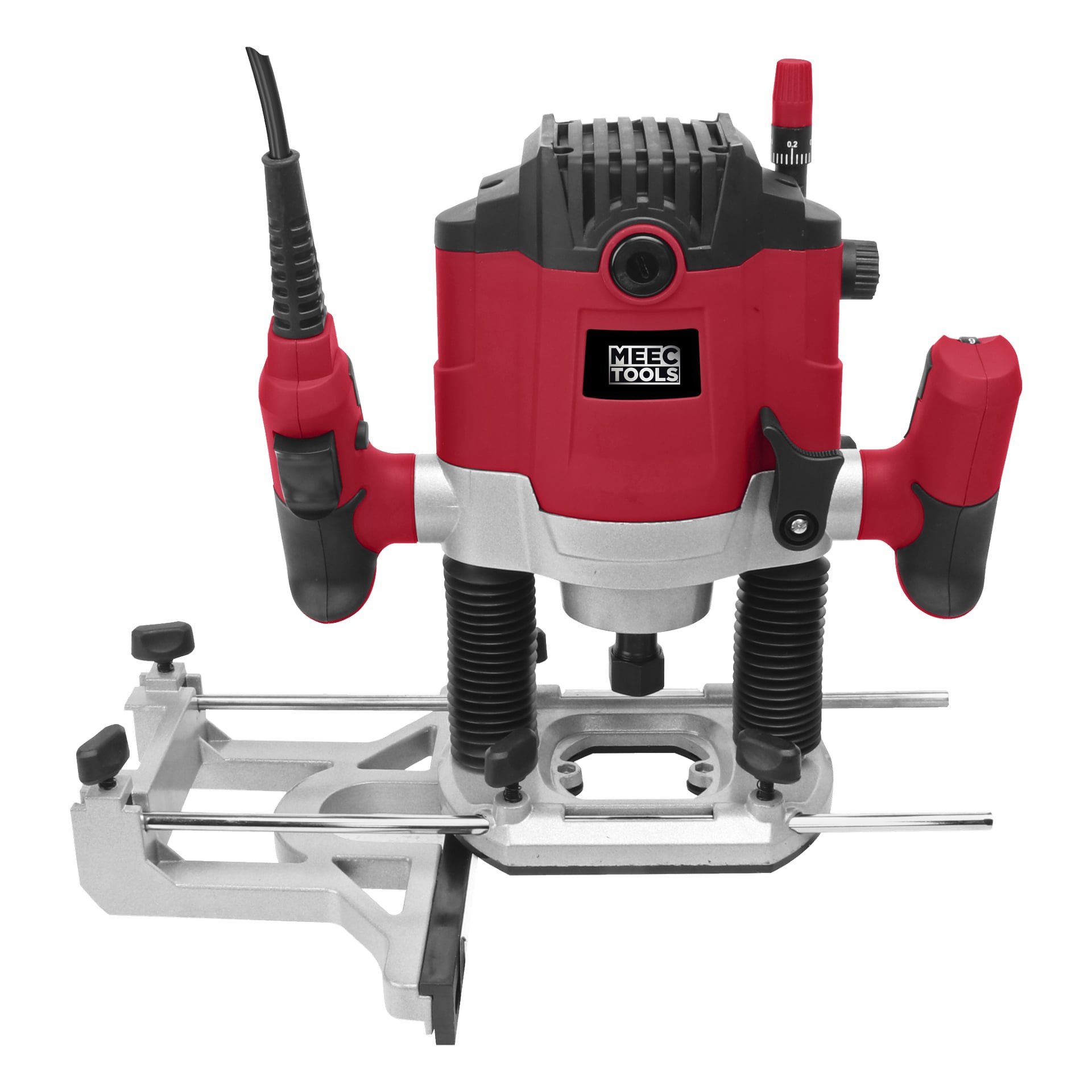 En rød og svart Meec Tools Router med to håndtak, strømkabel, metallbase, justeringsknotter og styreskinner—perfekt for trearbeid.