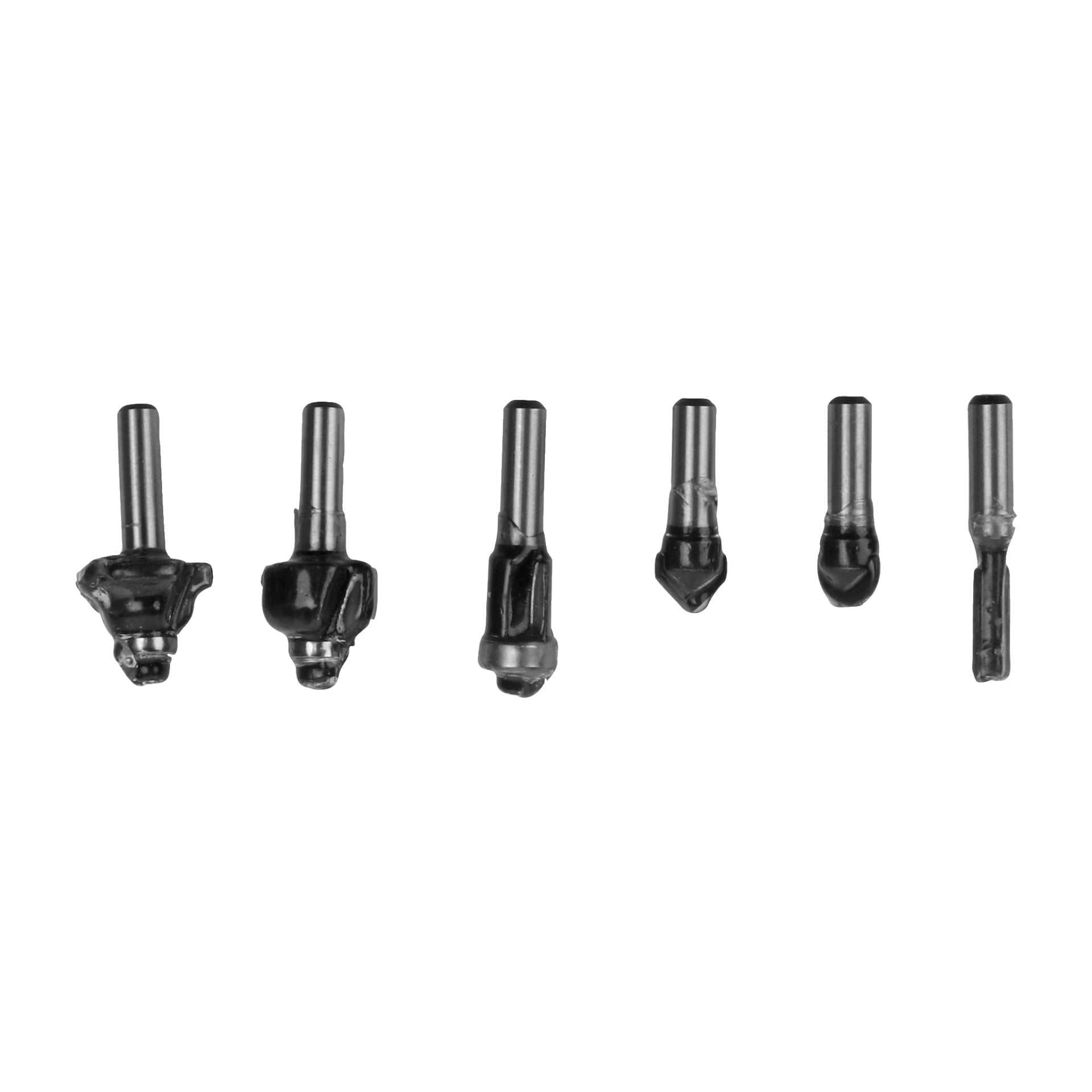 Seks Meec Tools-freser med metallaksler og svarte, uregelmessige kuttehoder er plassert på rekke og rad.