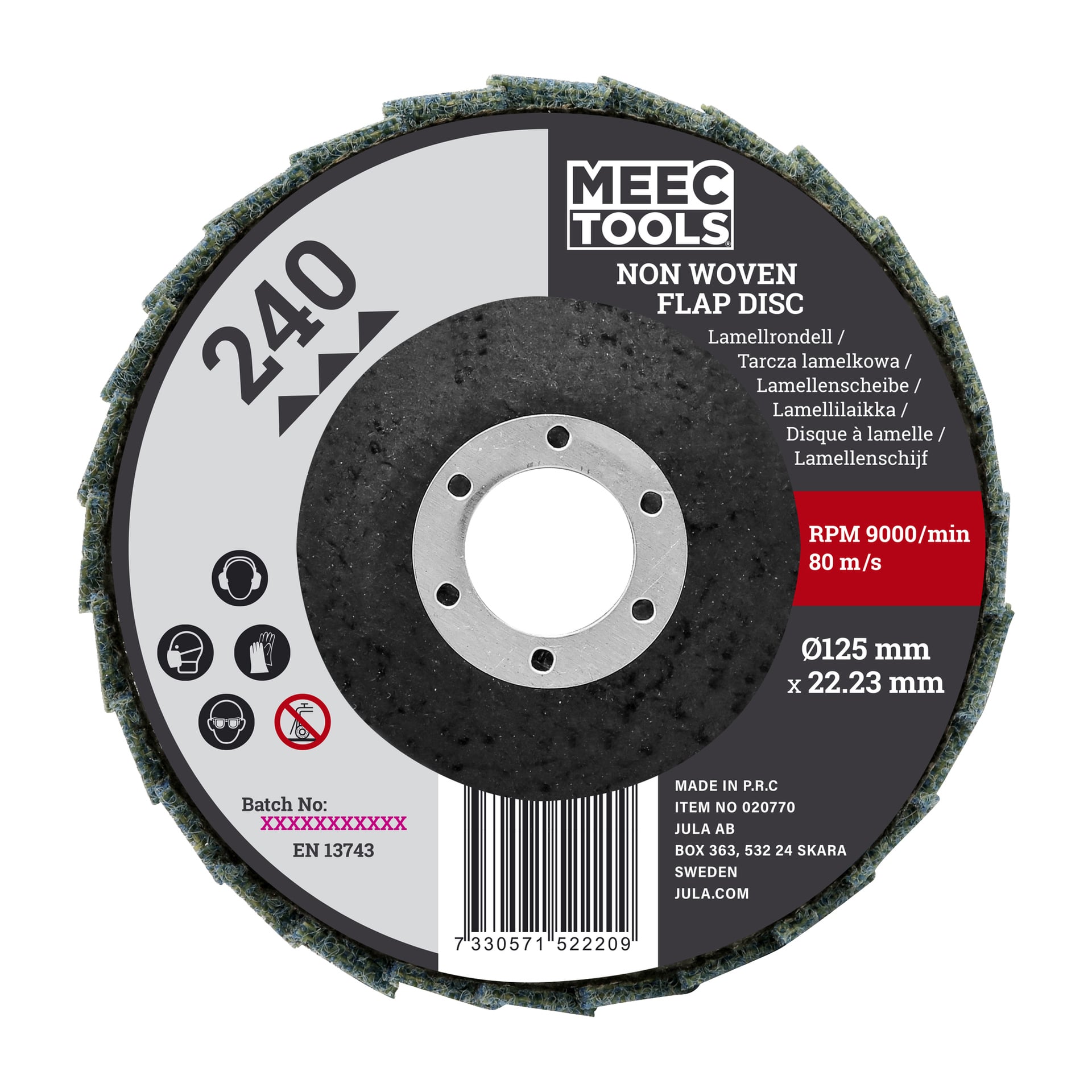 Meec Tools Flap Disc, 240 korn, 125 mm x 22,23 mm, max 9000 varv per minut, med etikett som visar säkerhetsikoner och en streckkod.