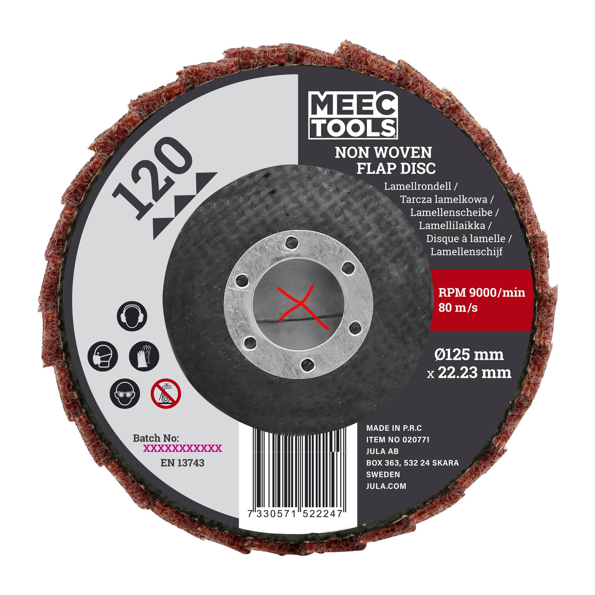 Tarcza z klapką Meec Tools o okrągłym wzorze z tkaniny, średnicy 125 mm i ziarnistości 120 wskazuje etykietę z maksymalną prędkością 9000 obr./min (80 m/s), centralny otwór oraz szczegóły produktu wydrukowane wokół krawędzi płyty.