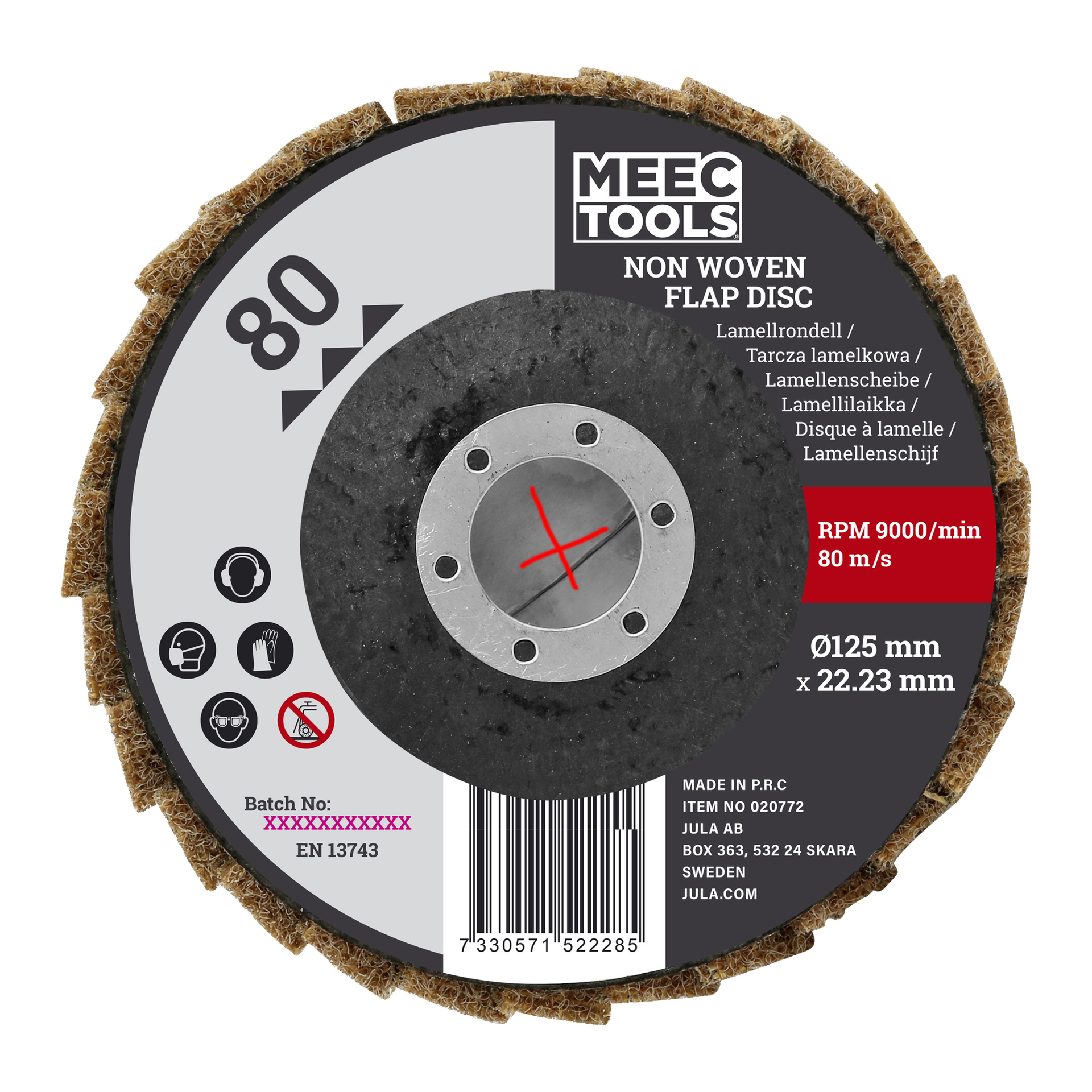 En Meec Tools klaffskiva märkt med 80 korn, med en diameter på 125 mm och 22,23 mm i borrning. Märkningar anger en maxhastighet på 9000 varv per minut och 80 m/s. Skivan innehåller flera säkerhetssymboler och batchdetaljer.