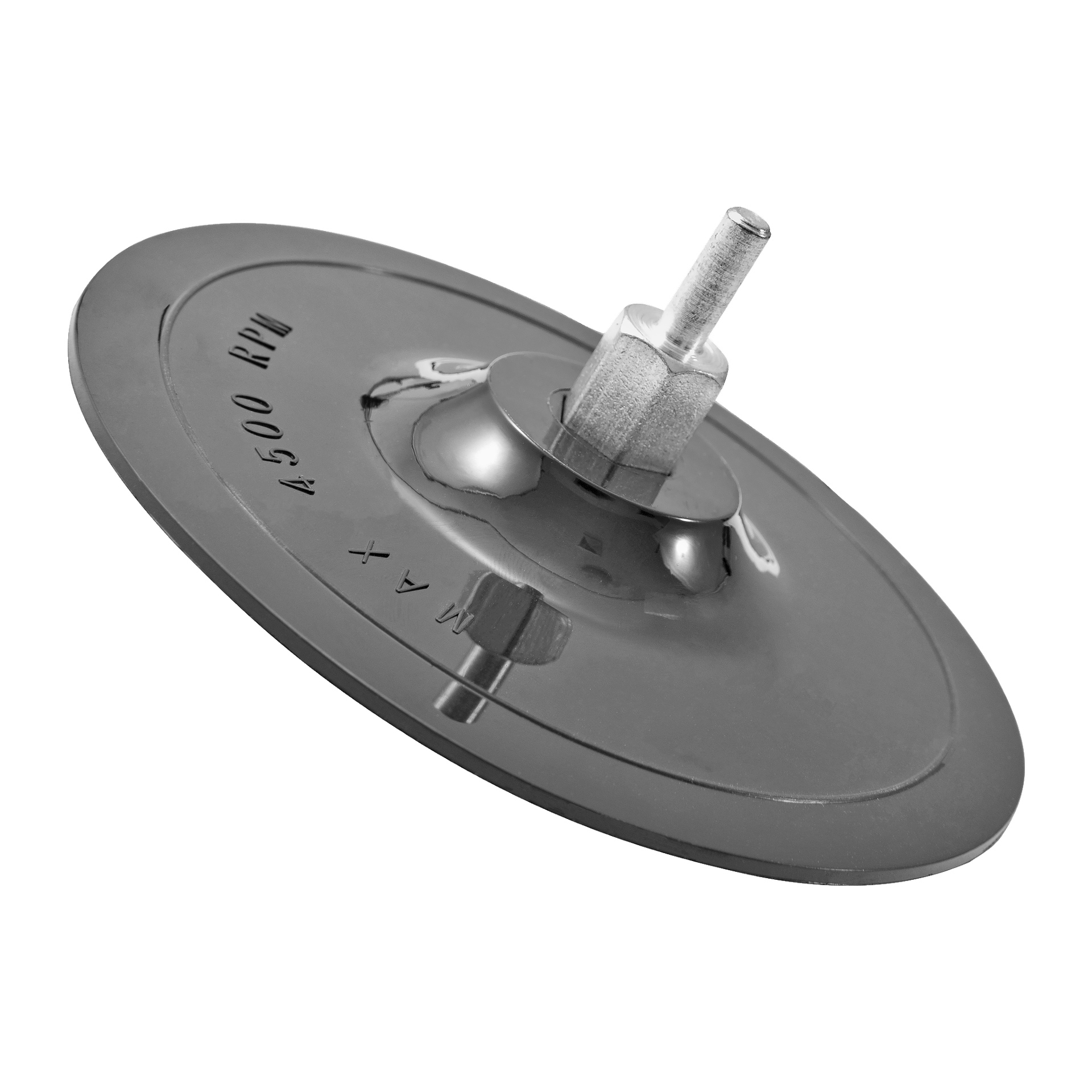 En närbild på en slipplatta från Meec Tools visar dess svarta cirkulära form och centrala metallspindel. Ytan är graverad med "MAX 4 500 RPM."