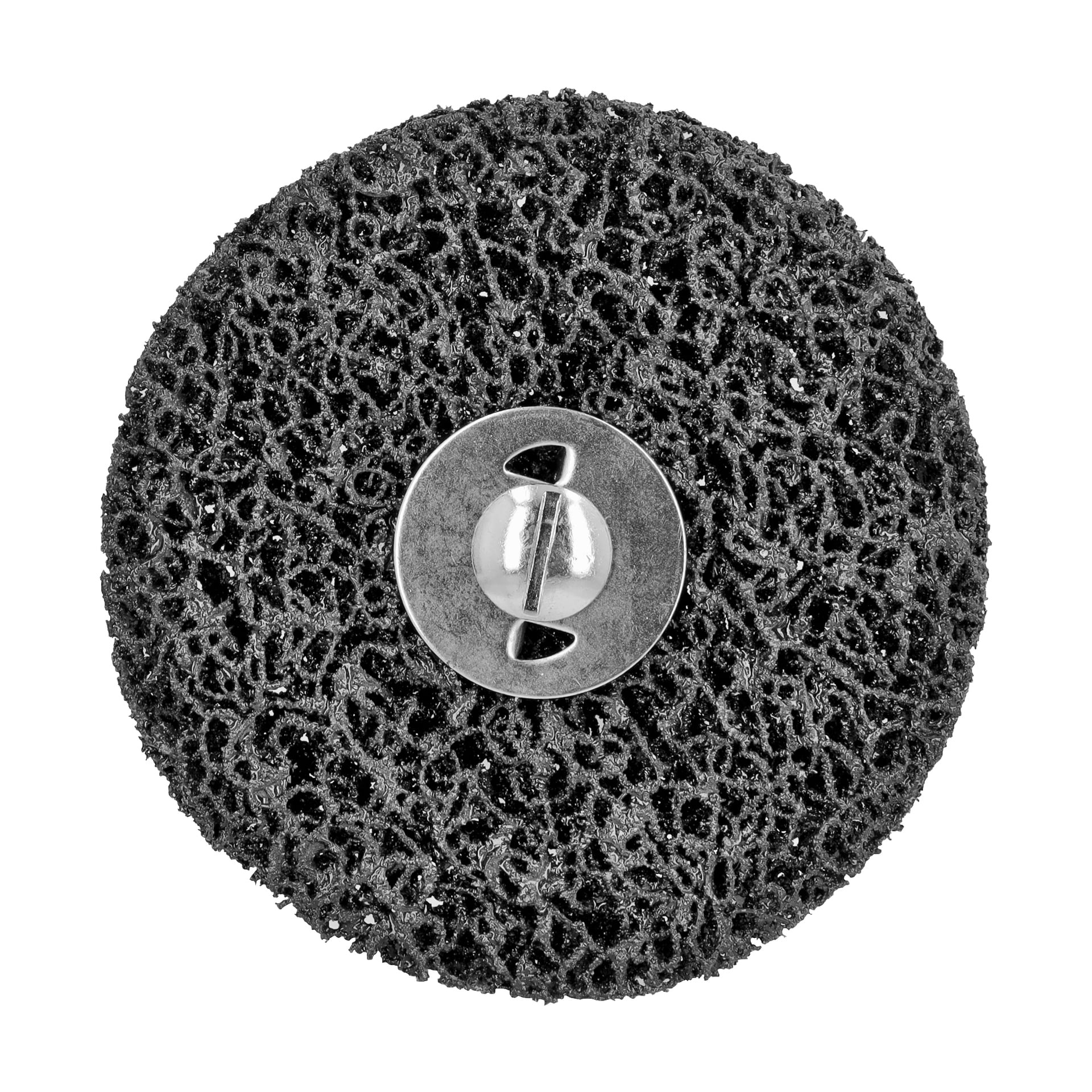 En Meec Tools slipskiva med en svart, porös och texturerad slipyta designad för rengöring eller förberedelse av ytor visas och har ett centralt metallfäste.