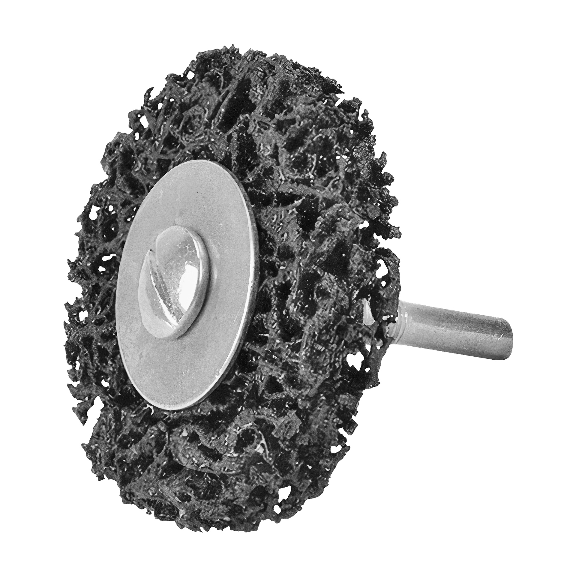 En detaljerad vy av Meec Tools slipskiva visar en svart slipskiva med metallisk mittpunkt och axel, gjord för att fästas på elverktyg för att ta bort rost, färg eller beläggningar från olika ytor.