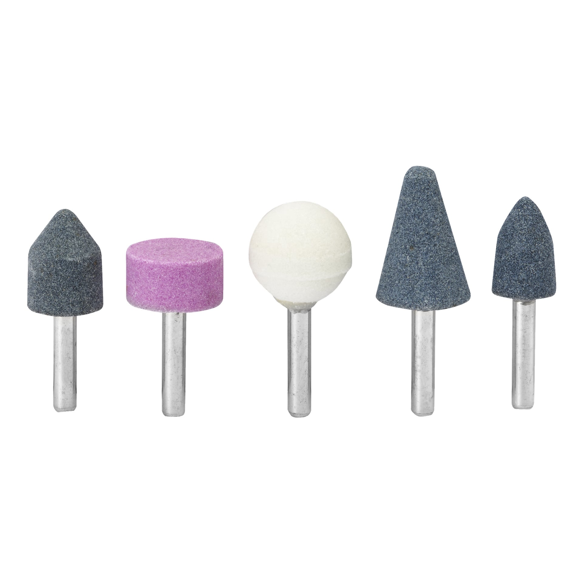 Meec Tools Slipstiftsset, 5 delar, inkluderar slipstenar med metallskaft, prydligt uppradade. Setet erbjuder kon-, cylinder- och sfärformer i blågrått, rosa och vitt.