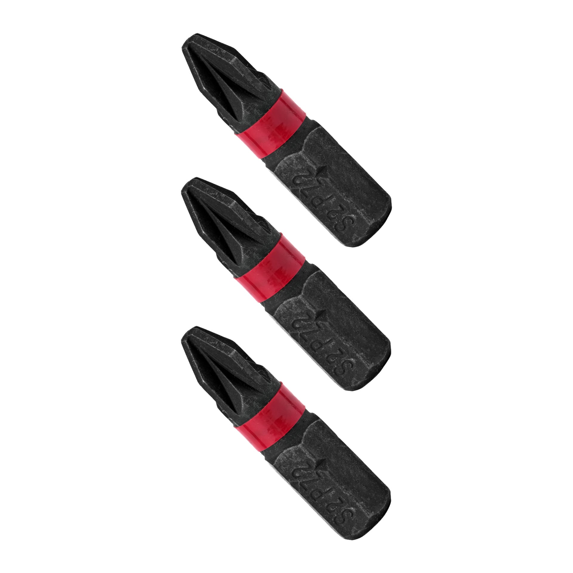 Tre svarta Meec Tools-skruvmejselbitar från Bits 3-paketet, var och en med ett rött band och märkesmarkeringar, är placerade diagonalt.