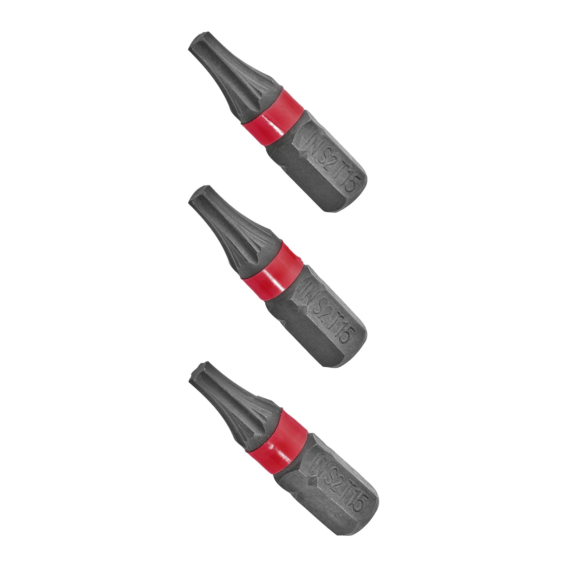 Tre identiska Meec Tools-skruvmejselbitar från en 3-pack, var och en med svarta kroppar, röda band och märkta "W S2/T15", är arrangerade vertikalt. Spetsarna har en stjärnform som passar Torx-skruvar.