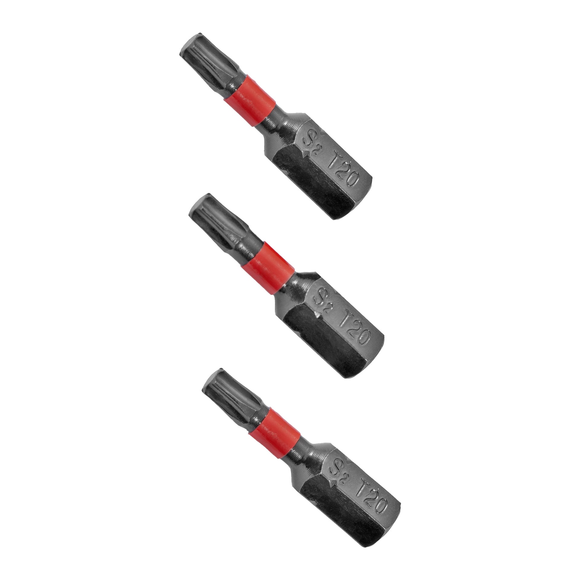 Tre identiska Meec Tools Bits T20-skruvmejselbitar från ett 3-pack visas i vertikal uppställning. Varje metallbit har ett rött band och "S2 T20" graverat på sidan.