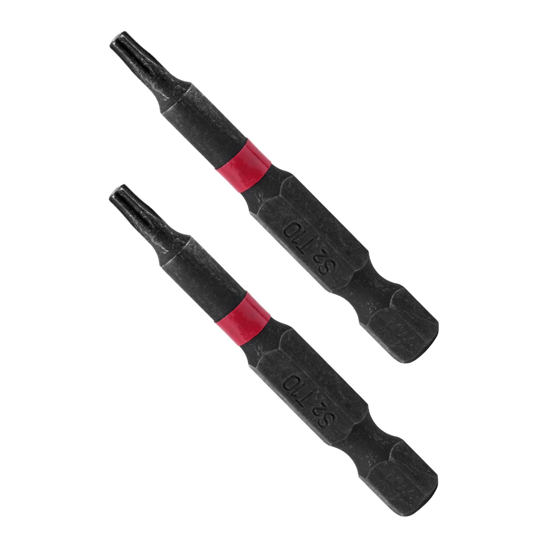 Två svarta skruvmejselbitar från Meec Tools visas. Varje bit i detta 2-pack har ett rött band nära spetsen och är märkt S2 T10. Bitarna placeras parallellt med varandra.