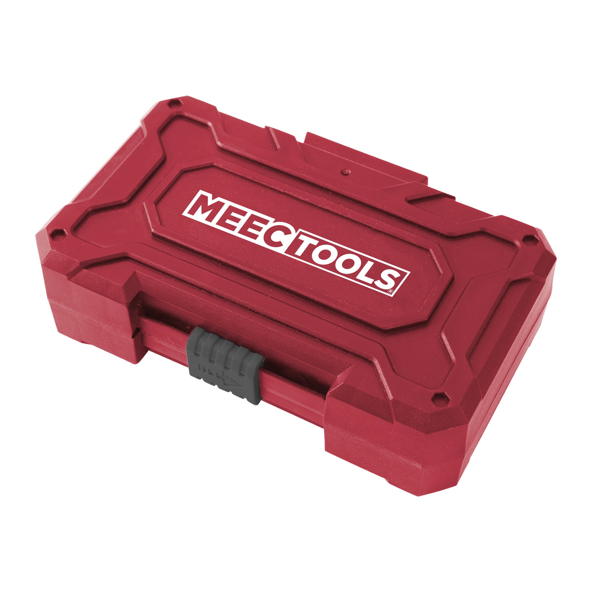 Ett rött rektangulärt plastfodral med svart lås och etiketten "Meec Tools" i vitt på locket, speciellt tillverkat för att förvara ett borrset med 42 delar. Fodralet har formgivna geometriska mönster för extra grepp och skydd.