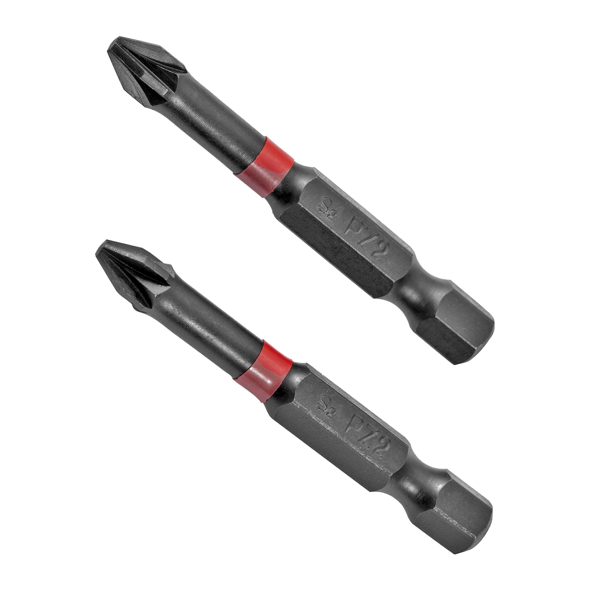 To Meec Tools Phillips-skrutrekkerbits i en 2-pakning, hver med et rødt bånd nær tuppen. De svarte bitene har sekskantede baser og er merket PZ2 på siden.