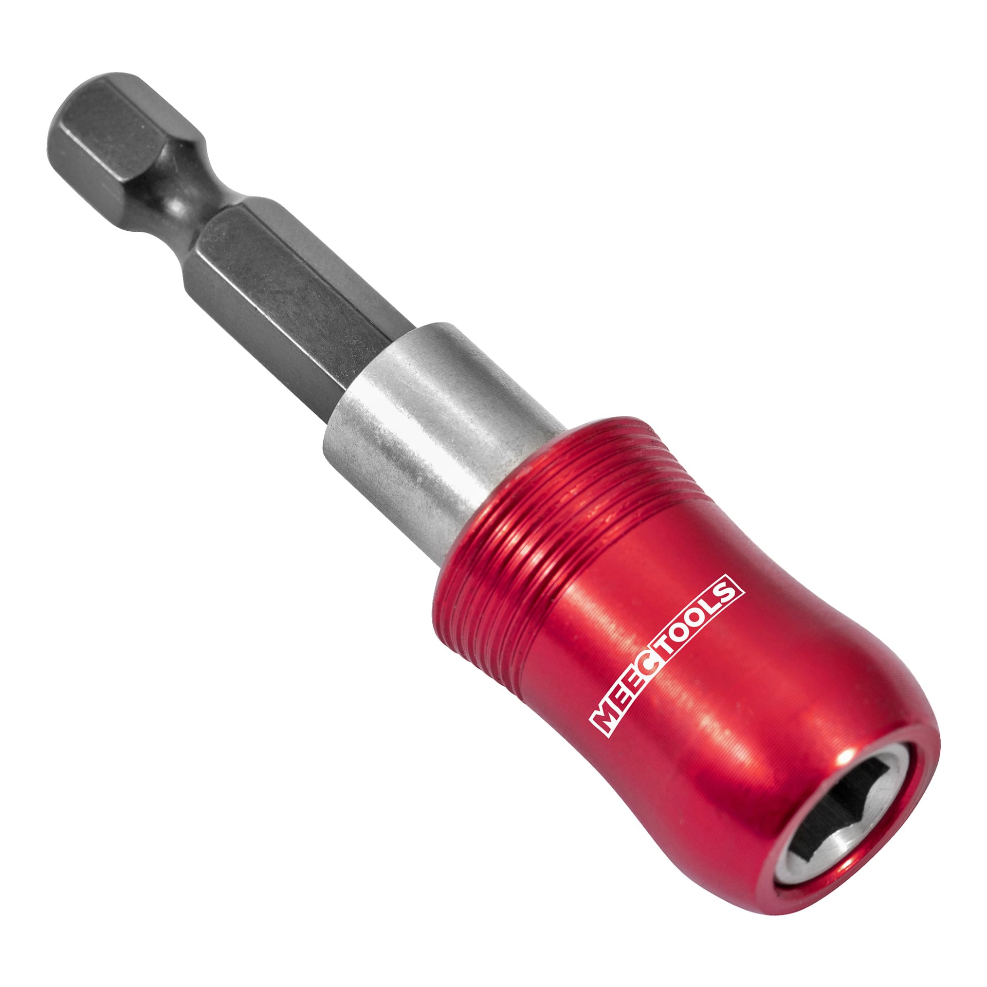 Närbild av en magnetisk borrbit från Meec Tools med ett rött metallhandtag och sexkantig stålaxel, gjord för att koppla skruvmejselborr till borrar eller dragdragare.
