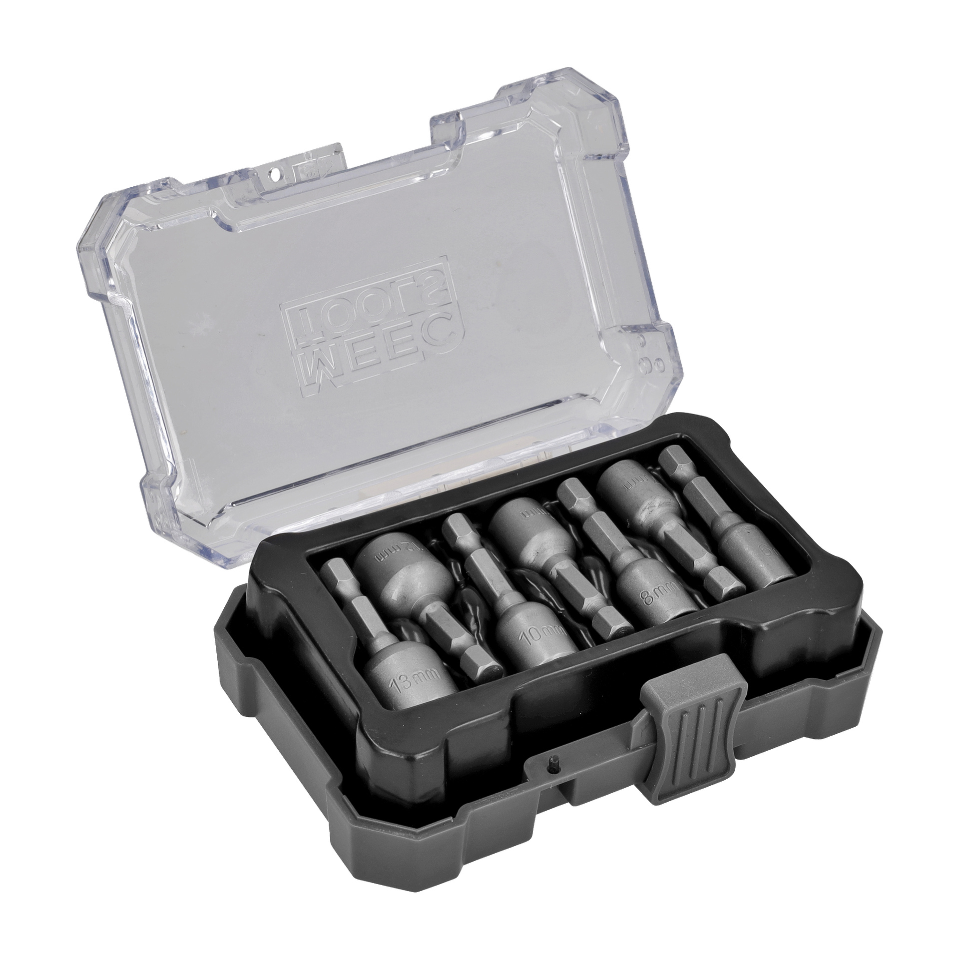 Ett set med sju Meec Tools-bitshylsor arrangerade i ett svart plastfodral med genomskinligt lock och tryckknappsstängning. Sexkanthylsorna är tydligt markerade med storlekar mellan 5 mm och 10 mm.