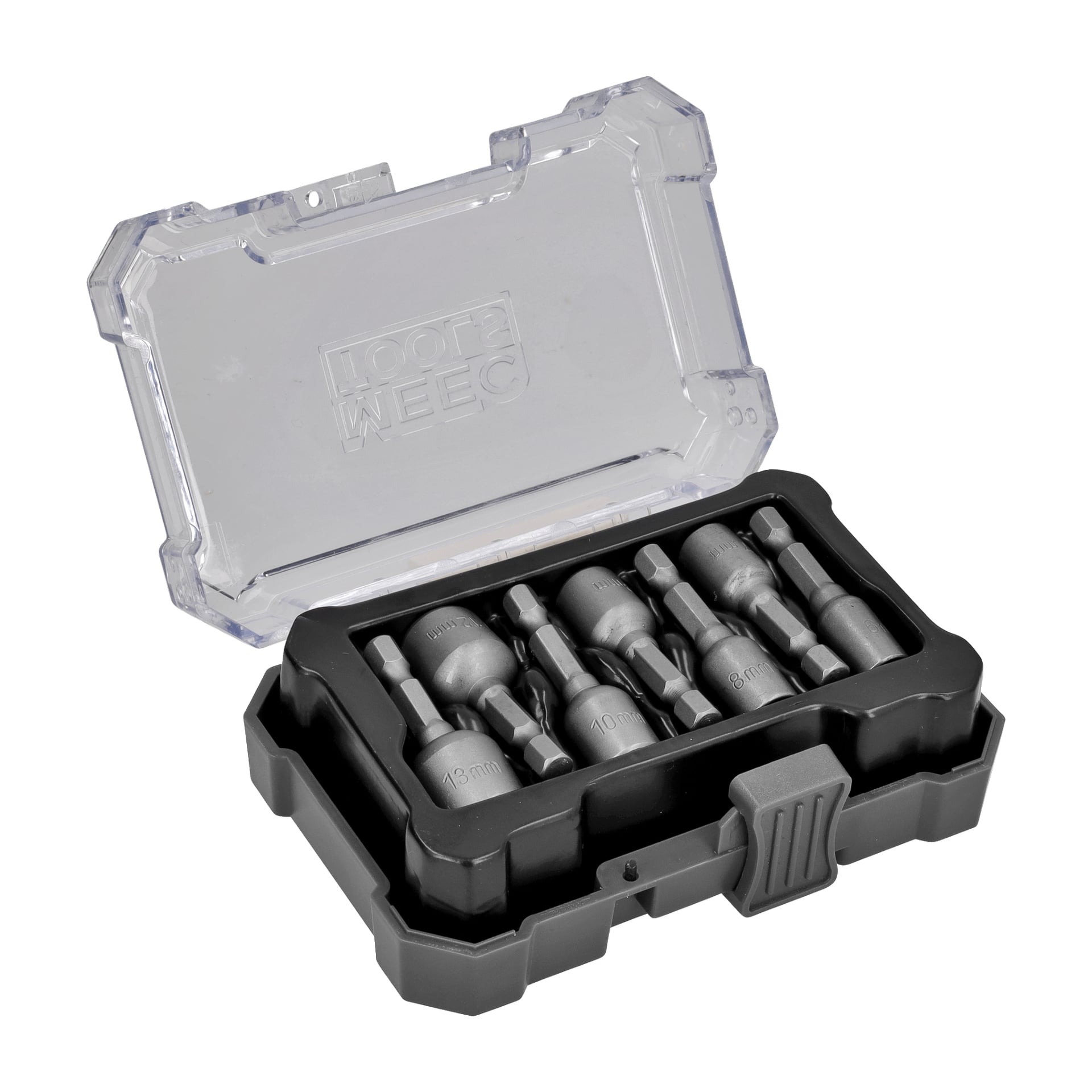 Ein Satz von sieben Meec Tools Bit-Sockeln, angeordnet in einem schwarzen Kunststoffgehäuse mit transparentem Deckel und Verschluss. Die Sechskantfassungen sind deutlich mit Größen zwischen 5 mm und 10 mm gekennzeichnet.