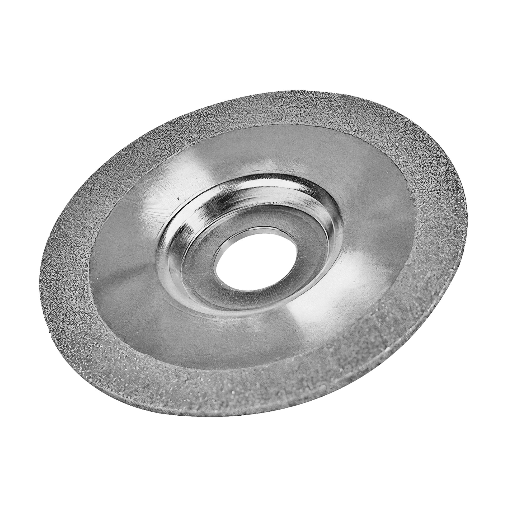 En diamantslipskiva från Meec Tools med rund form, central öppning, diamantbelagd slipegg och slät konkav yta.