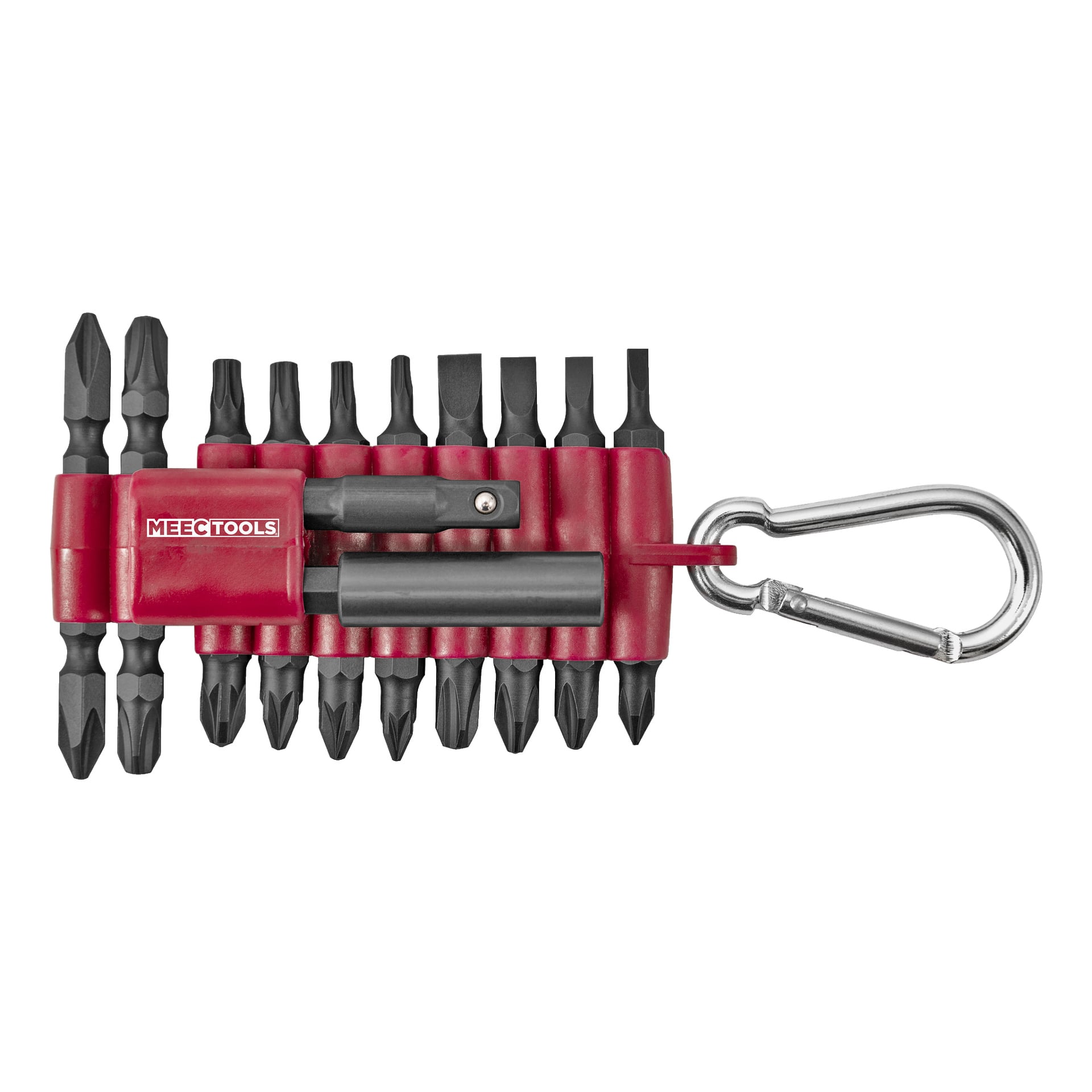 Ett 20-delat Meec Tools-borrset visades i en röd hållare, innehållande olika skruvmejselbitar och utrustad med en metallkarbinhake för enkel bäring.