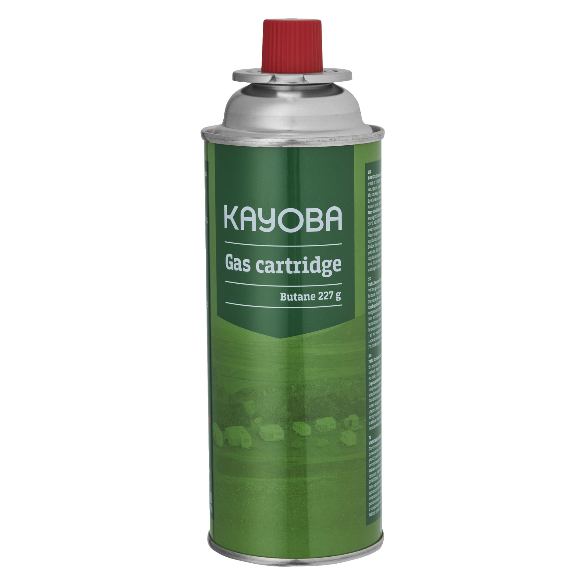 En grön behållare med ett rött lock, märkt "Kayoba Gas cartridge butane gas," som visade produktinformation och instruktioner på etiketten, och toppad med en metallisk komponent.