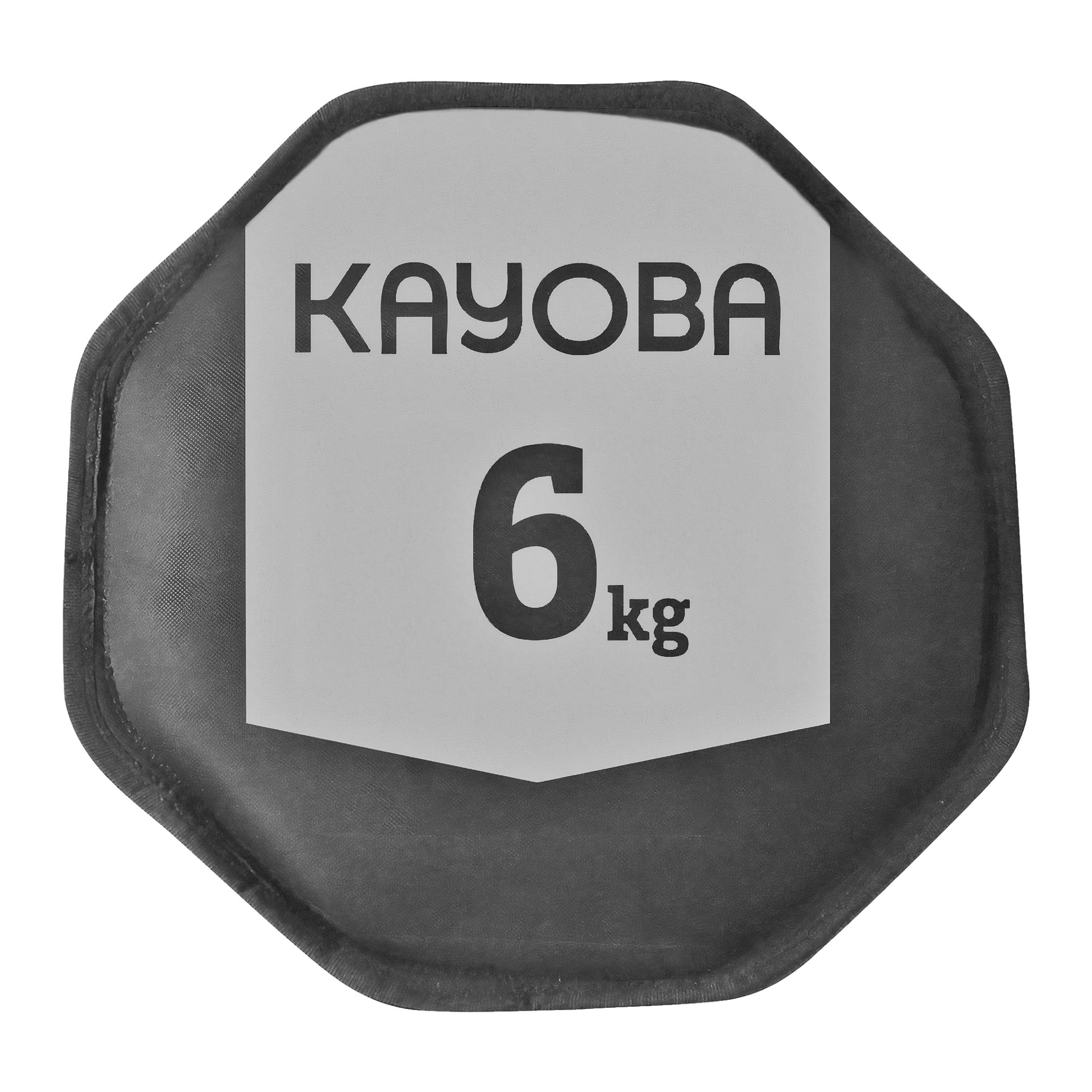 En svart och grå oktagonaal sandsäck från Kayoba med 6 kg tryckt på framsidan.