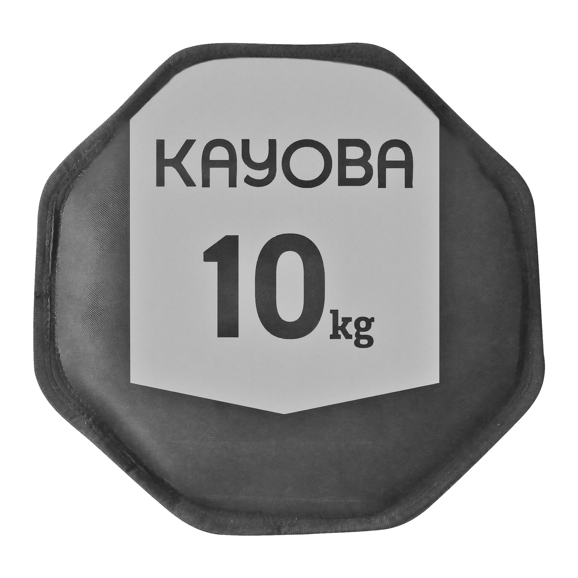 Ein schwarz-grauer achteckiger Sandsack von Kayoba mit 10 kg Druck auf der Vorderseite in fetten schwarzen Buchstaben.
