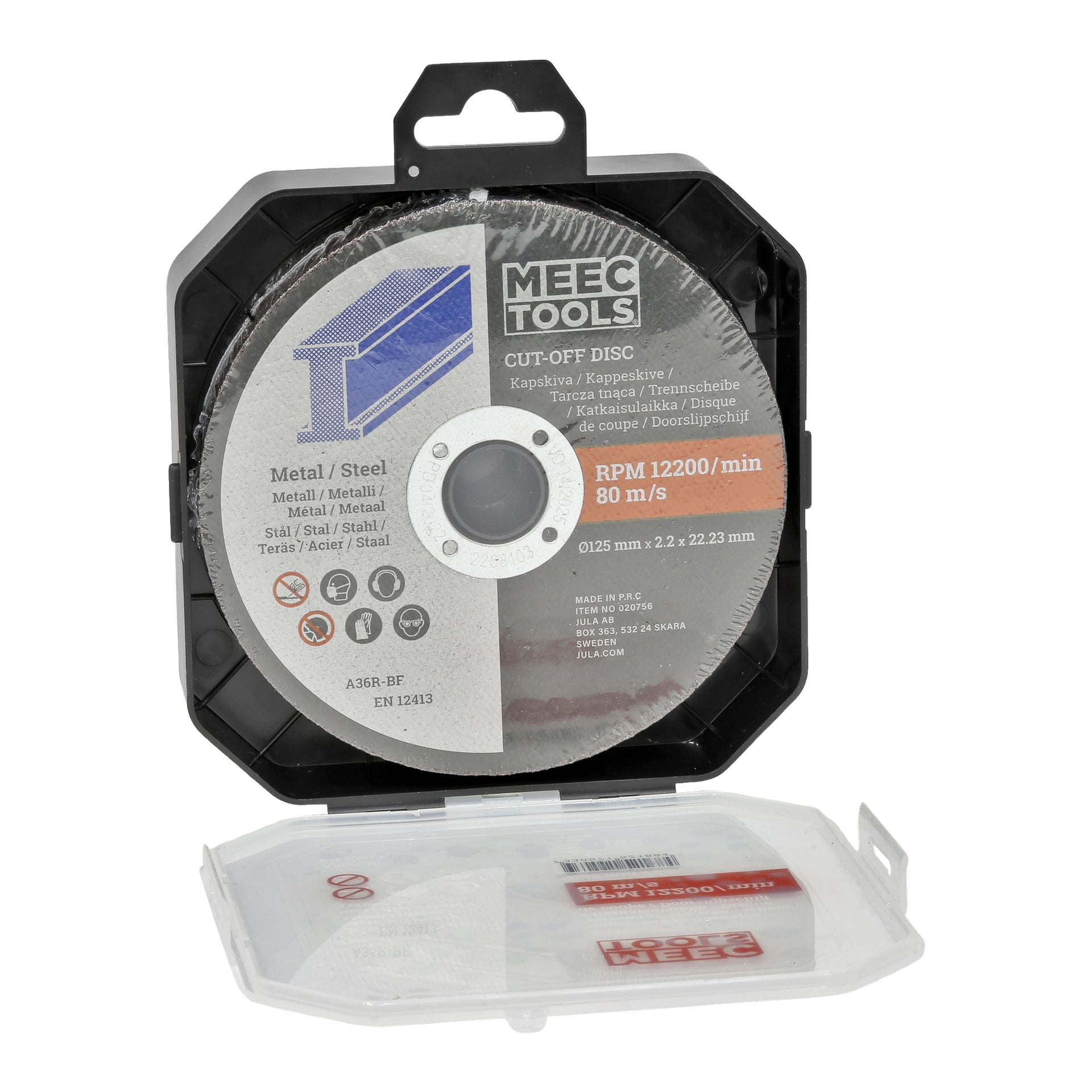 Ett set med 10 Meec Tools-skärskivor förvarade i ett svart plastfodral med genomskinligt lock. Skivorna är märkta för stålskärning och displayspecifikationer som 125 mm diameter, maxhastighet på 12 200 varv/min och 80 meter per sekund.