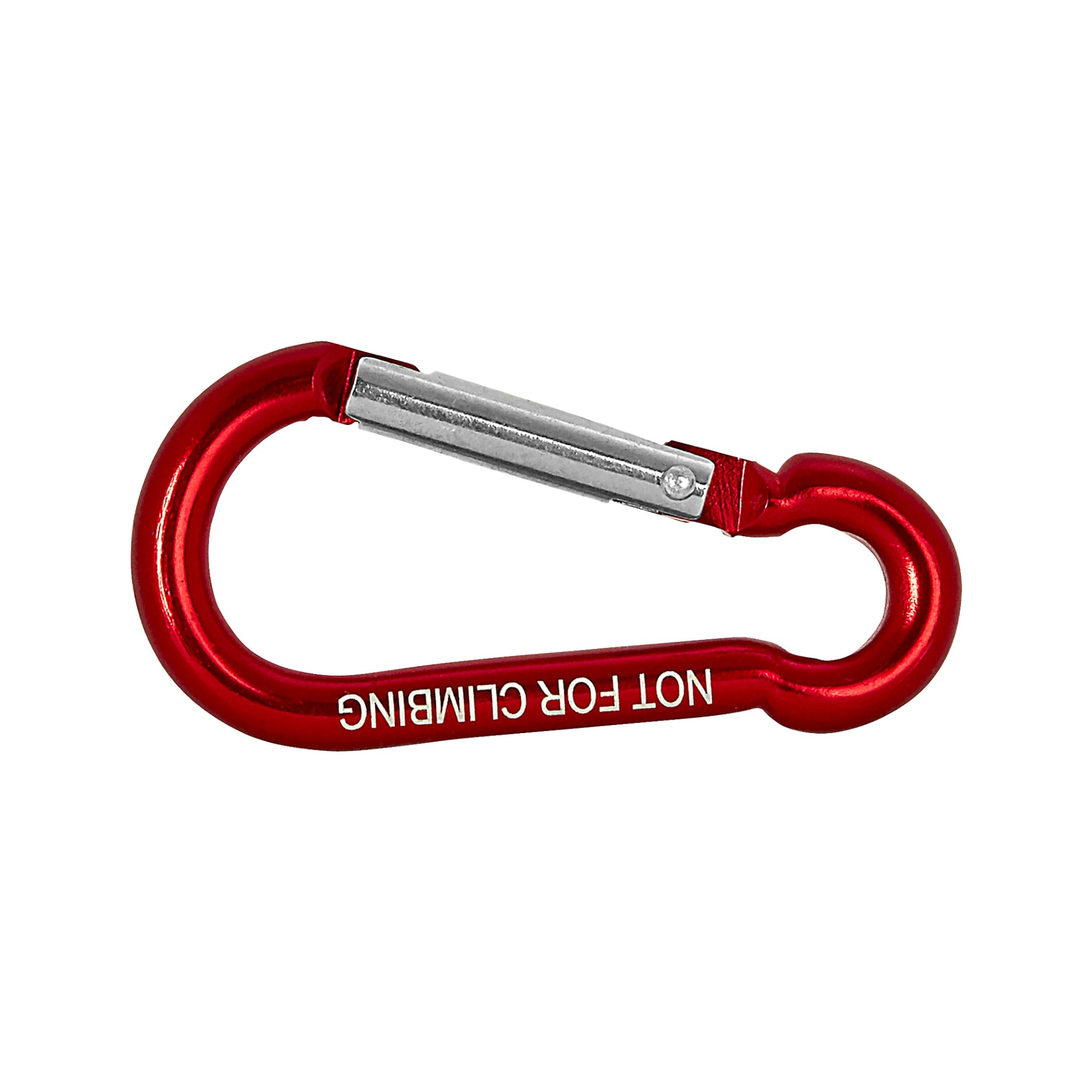 Ein roter Metall-Snap-Hook von Kayoba Outdoor mit einem silbernen Federtor. "NOT FOR CLIMBING" steht weiß an der Seite.