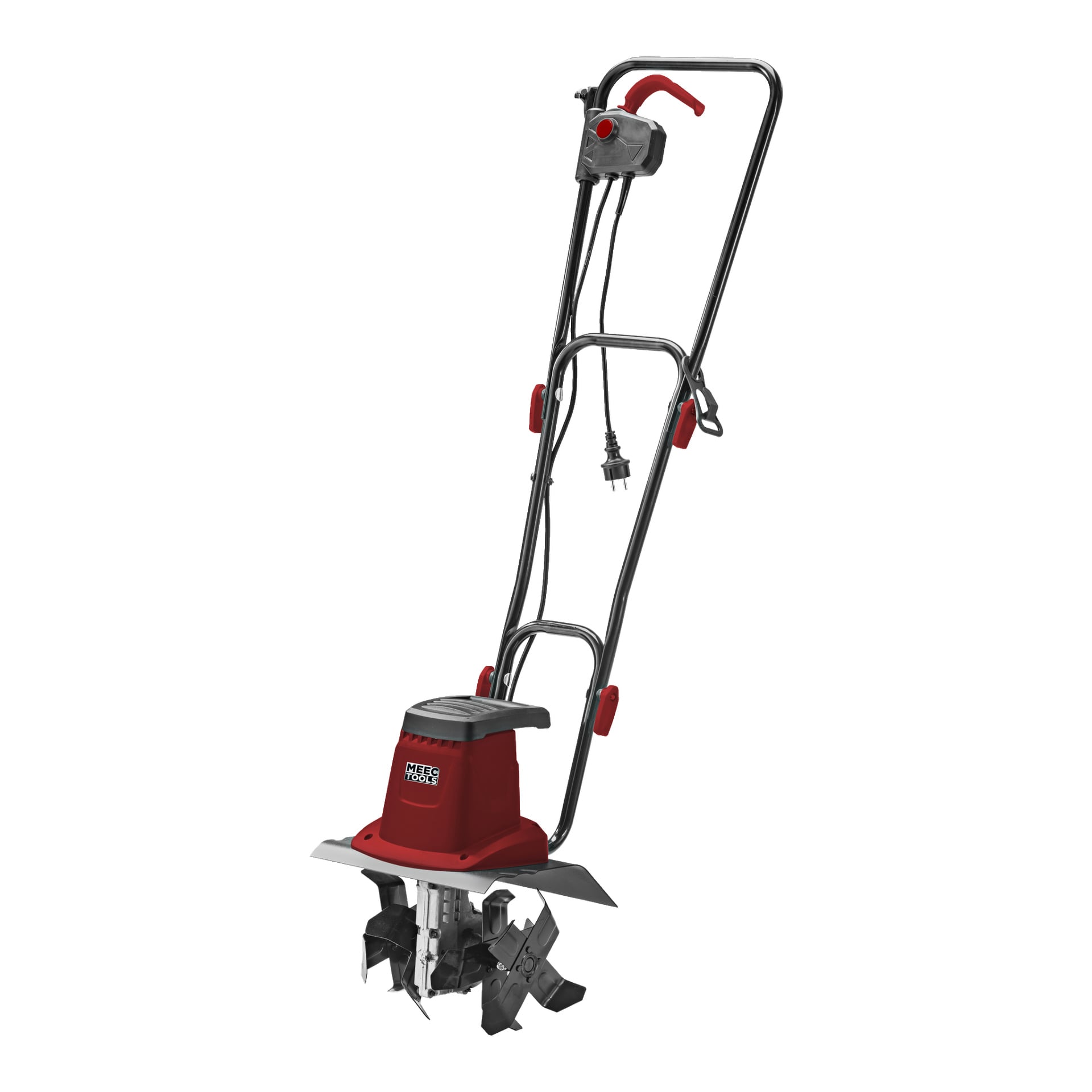 Punamusta Meec Tools -rotavaattori seisoo pystyasennossa, näkyvillä metallipiikeillä, kahvalla, jossa on liipaisimella, ja siihen kiinnitetty virtajohto.
