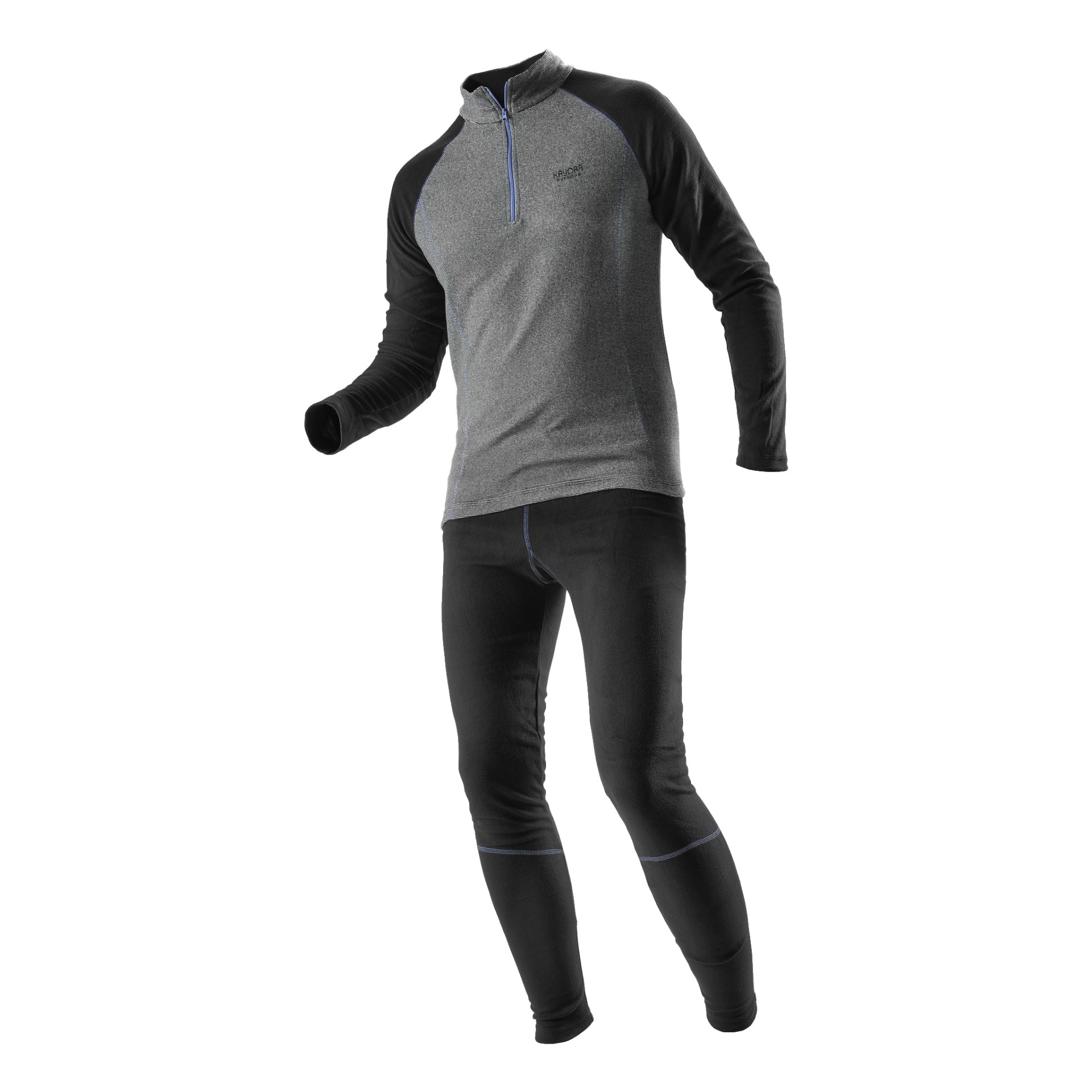 Ett tvådelat Kayoba Outdoor Underwear set med svart och grått termiskt design, inklusive långärmat och en halvdragkedja, visas på en ansiktslös, huvudlös skyltdocka som står neutralt.