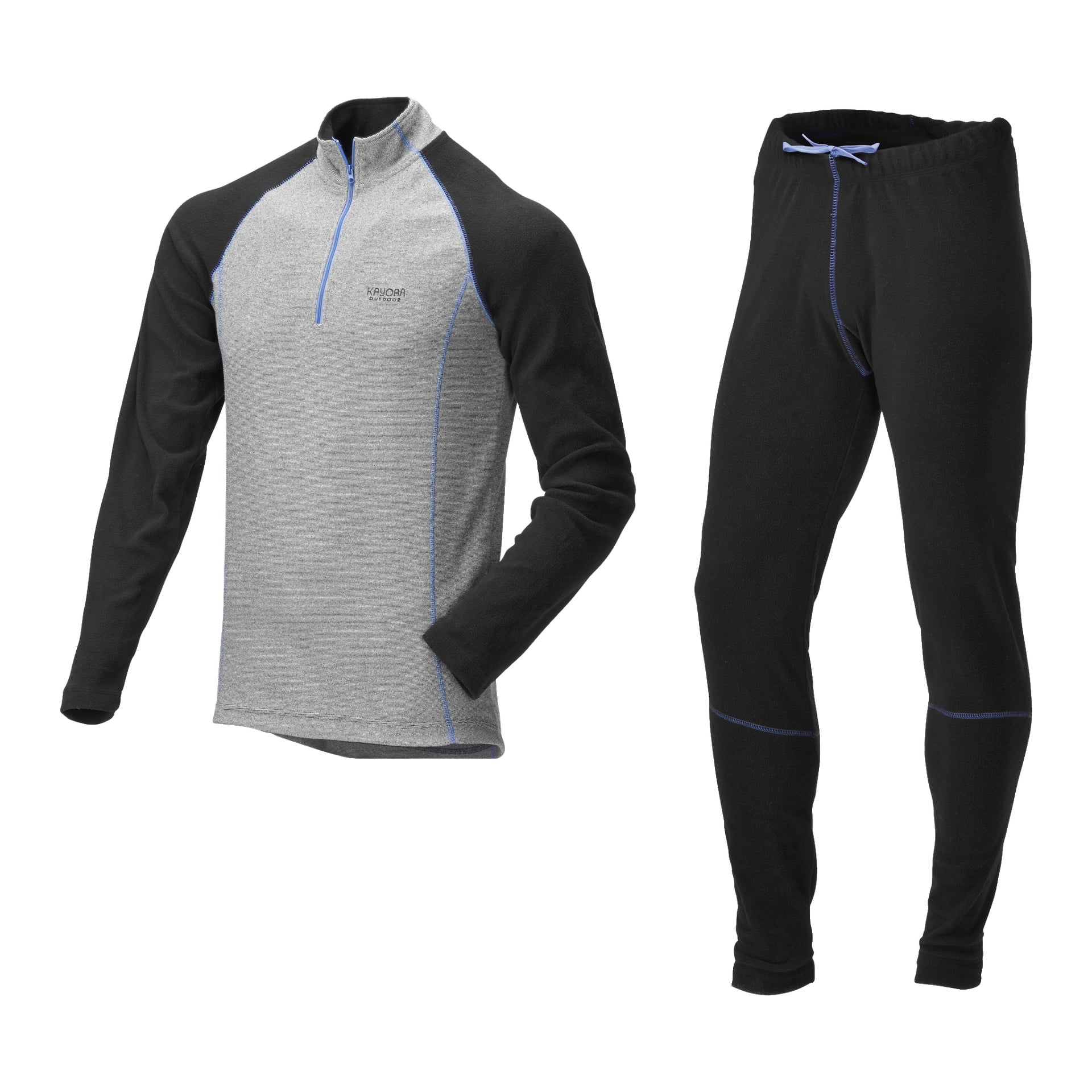 Kayoba Outdoor Underwear set med två delar består av en långärmad grå och svart topp med dragkedja framtill, samt matchande svarta byxor med dragsko och distinkt blå sömmar.