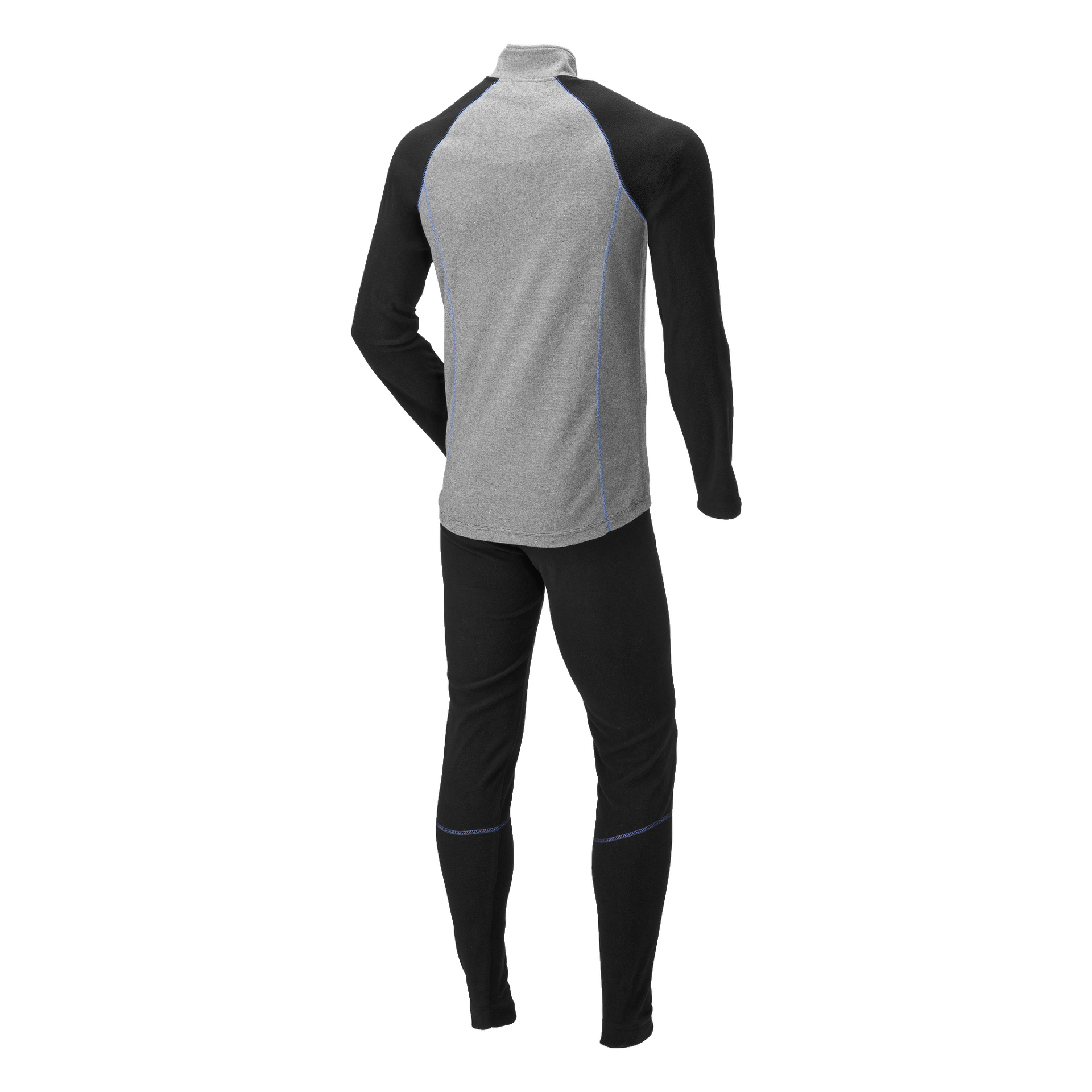 En baksida av Kayoba Outdoor Underwear tvådelat set visar en grå och svart långärmad topp tillsammans med svarta byxor, båda detaljerade med blå sömdetaljer.
