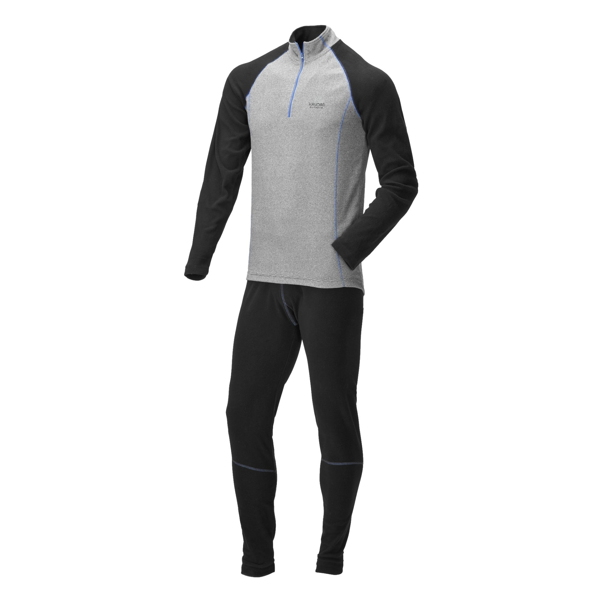En skyltdocka visar upp ett tvådelat termounderklädesset från Kayoba Outdoor som heter "Underwear set 2 pieces." Outfiten inkluderar en ljusgrå topp med svarta ärmar, en kvartsdragkedja och blå accentsömmar på sömmarna, matchande med enkla svarta byxor.