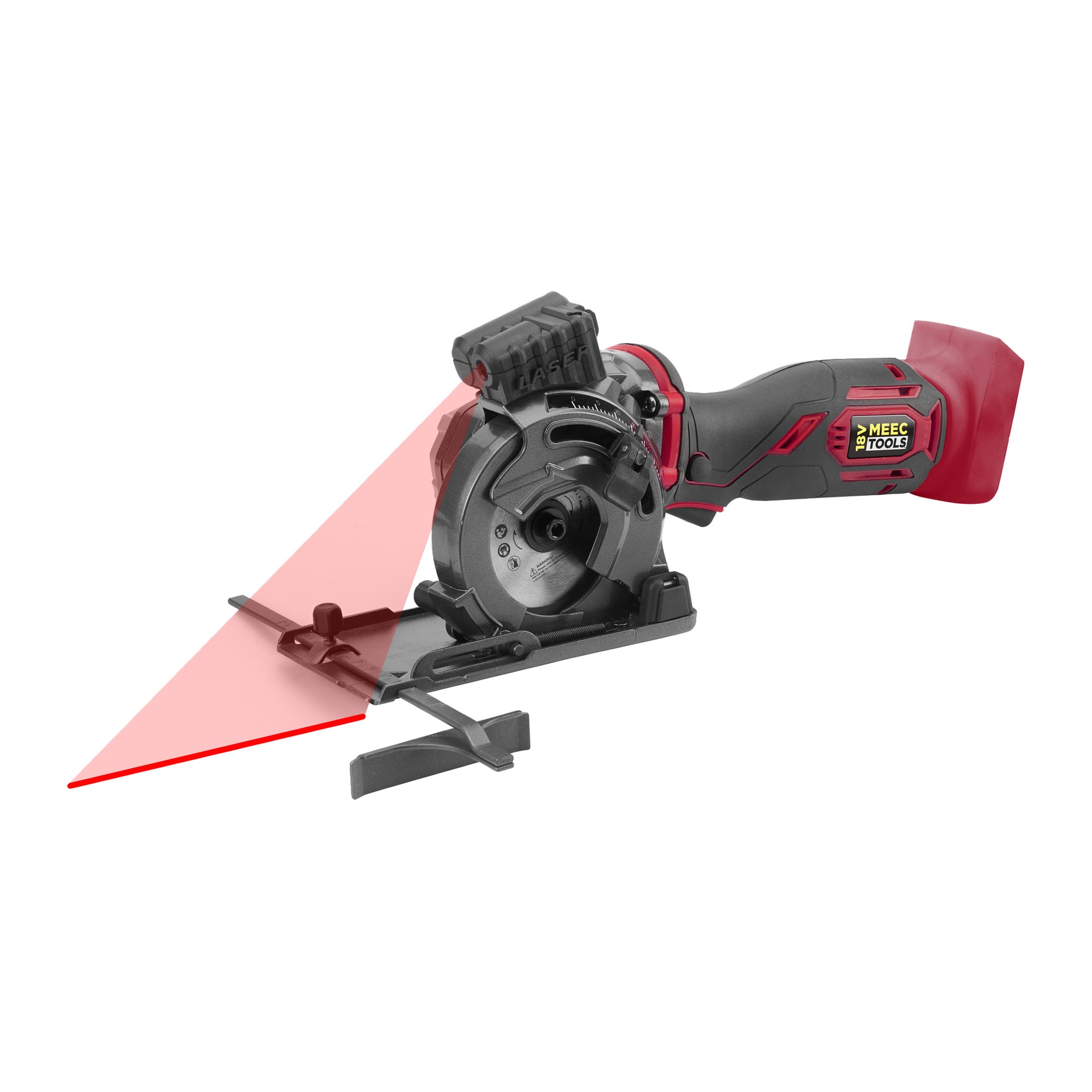 Bezprzewodowa piła zanurzeniowa, konkretnie piła Plunge CI-18V WORK 710 firmy Meec Tools Multiseries, pokazana z czerwono-czarną rękojeścią, wyraźnym logo Meec Tools oraz czerwoną wiązką laserową wskazującą ścieżkę cięcia przed ostrzem.